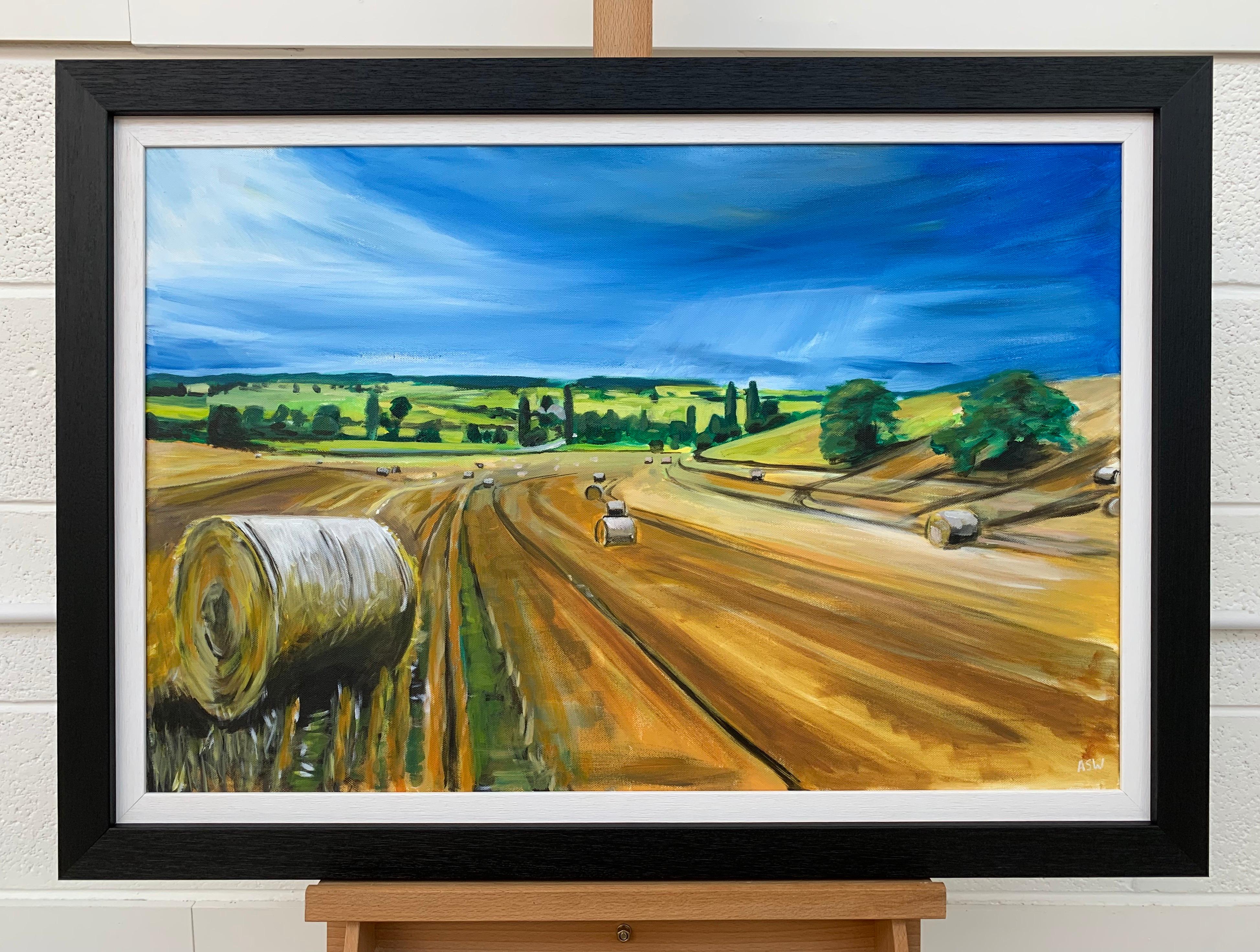 Originales Originalgemälde einer Weizenherstellung auf einem Feld in Dordogne:: Frankreich:: von britischem Künstler (Grau), Landscape Painting, von Angela Wakefield