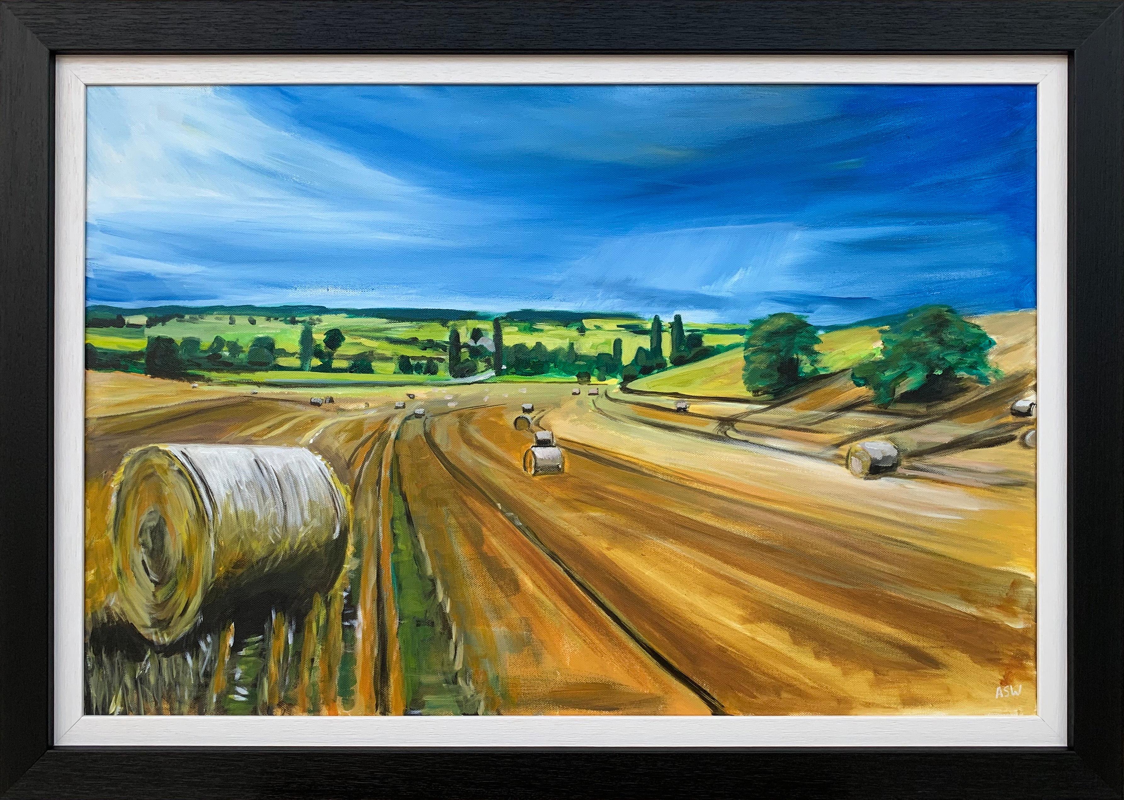 Angela Wakefield Landscape Painting - Original Painting of Wheat Field Harvest in Dordogne France by British Artist
