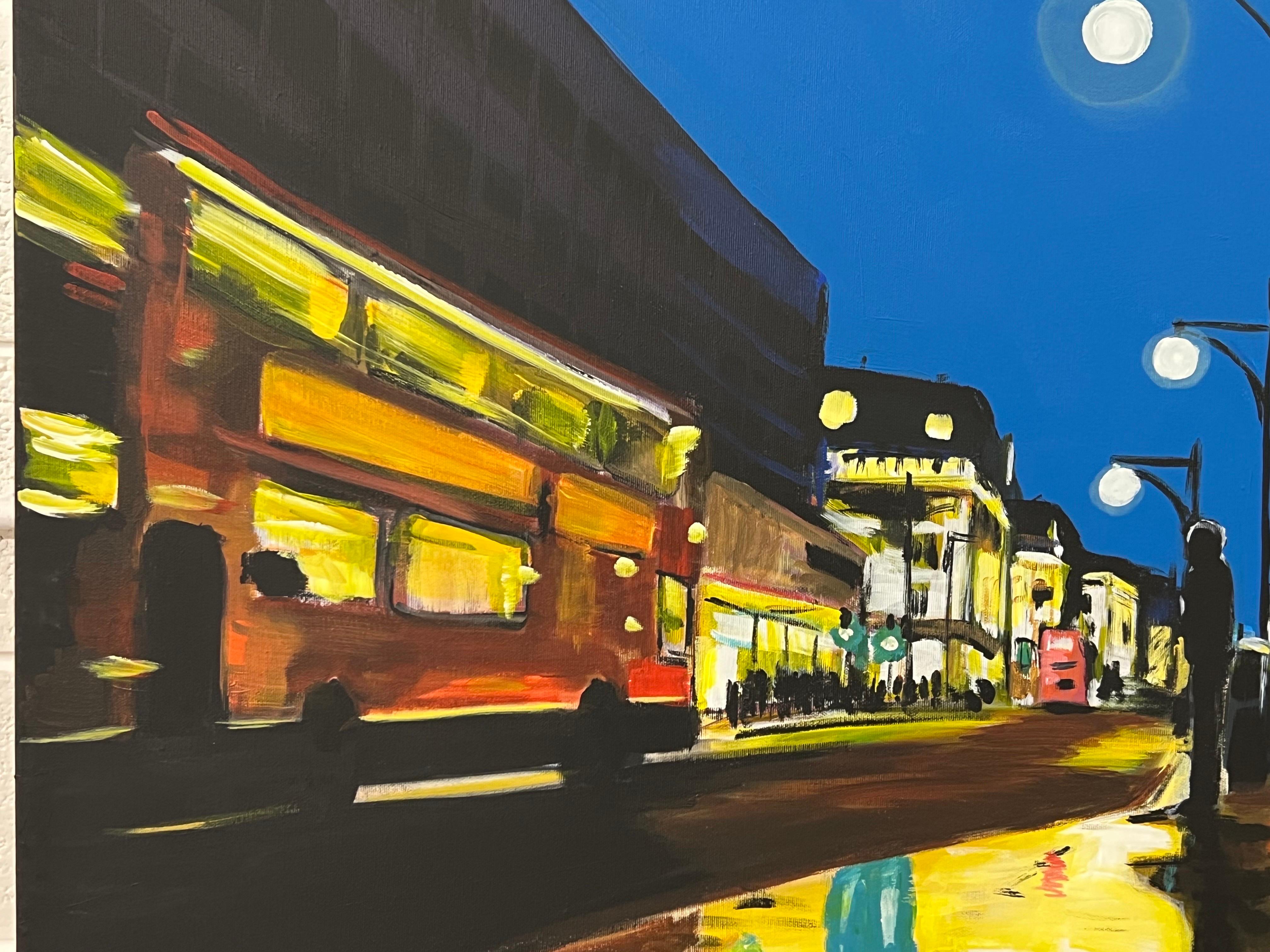 Oxford Street in London at Night with Figures & Red Bus by British Artist For Sale 9