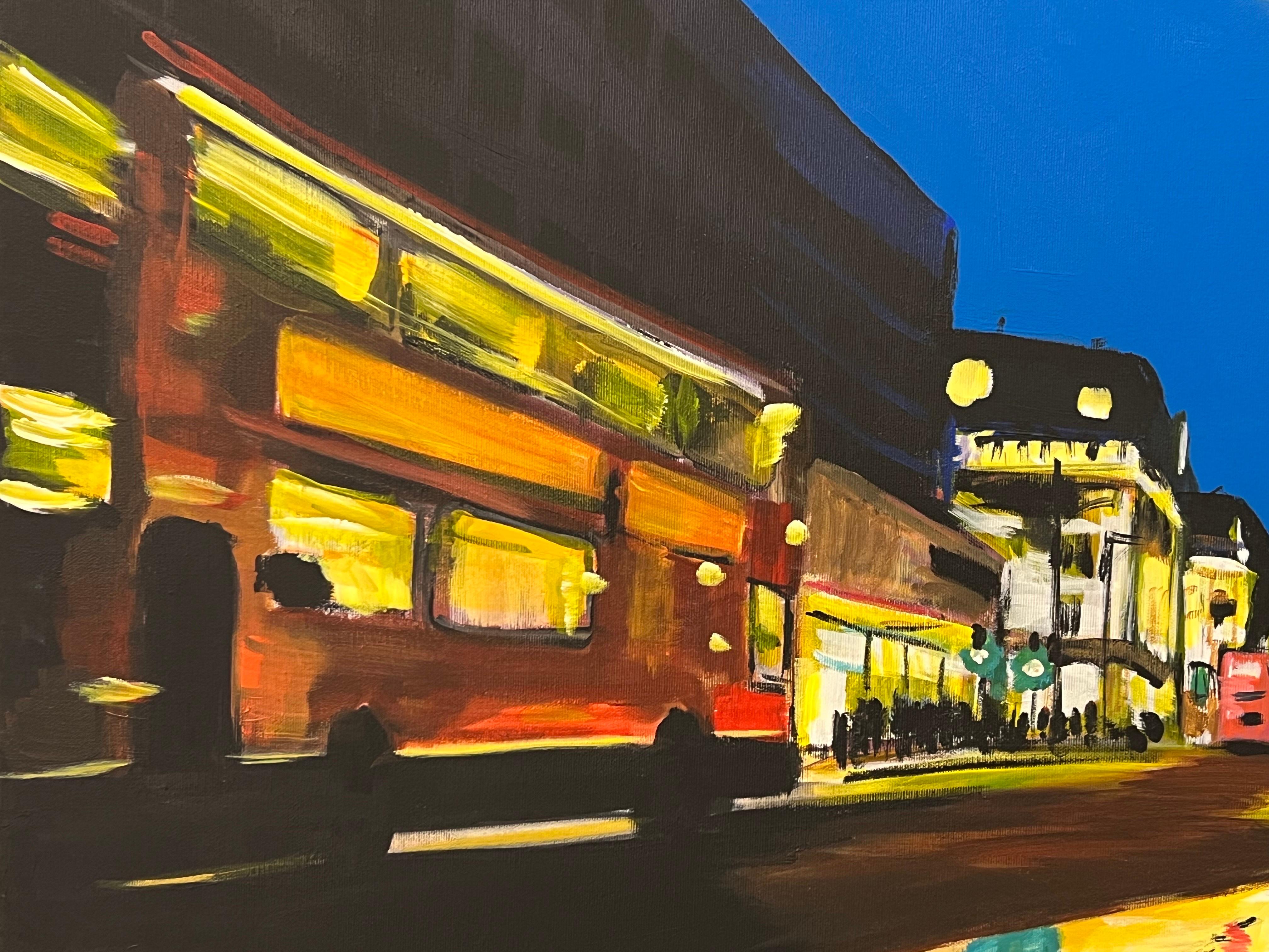 Oxford Street in London at Night with Figures & Red Bus by British Artist For Sale 11