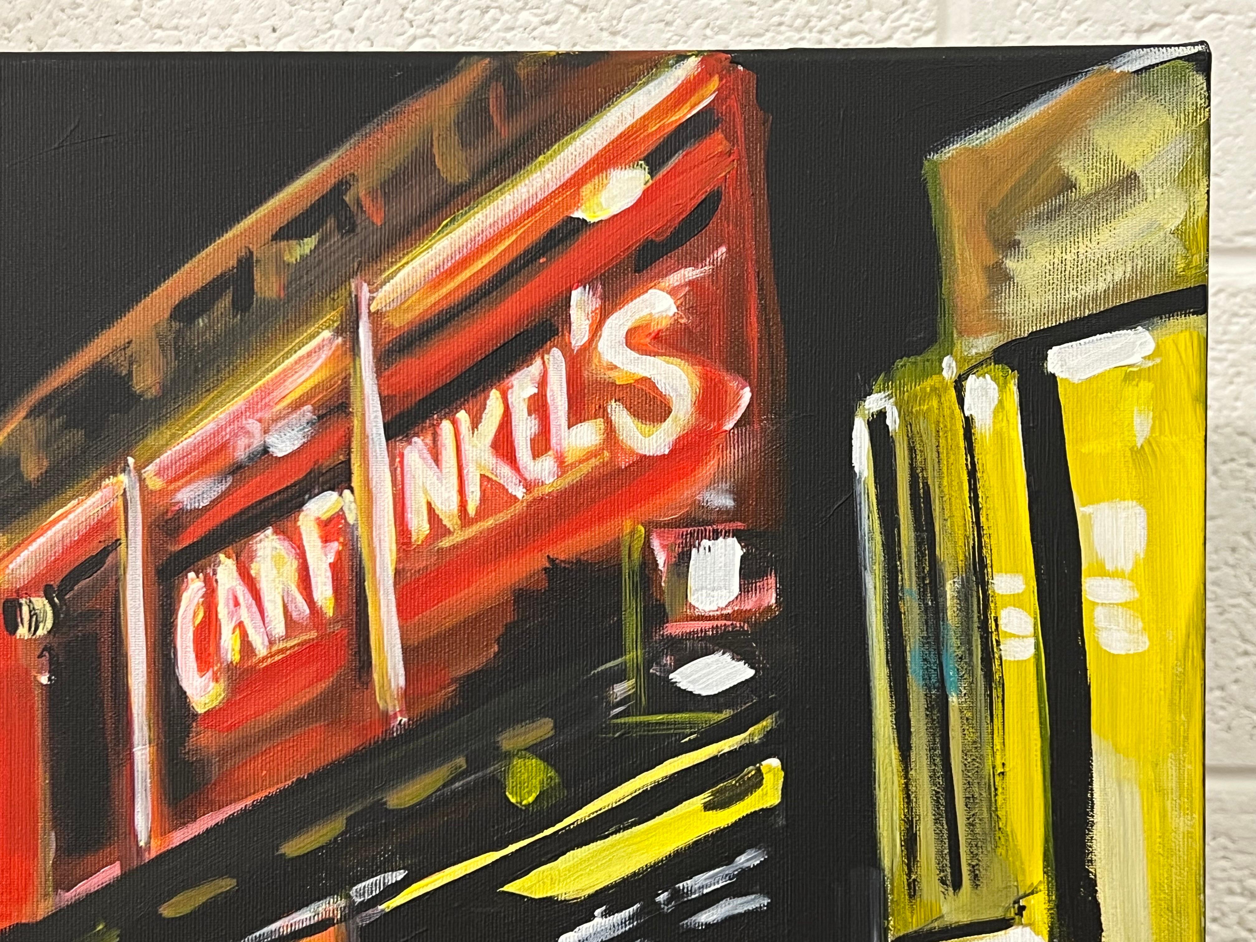 Oxford Street in London bei Nacht mit Figuren und rotem Bus des britischen Künstlers im Angebot 15