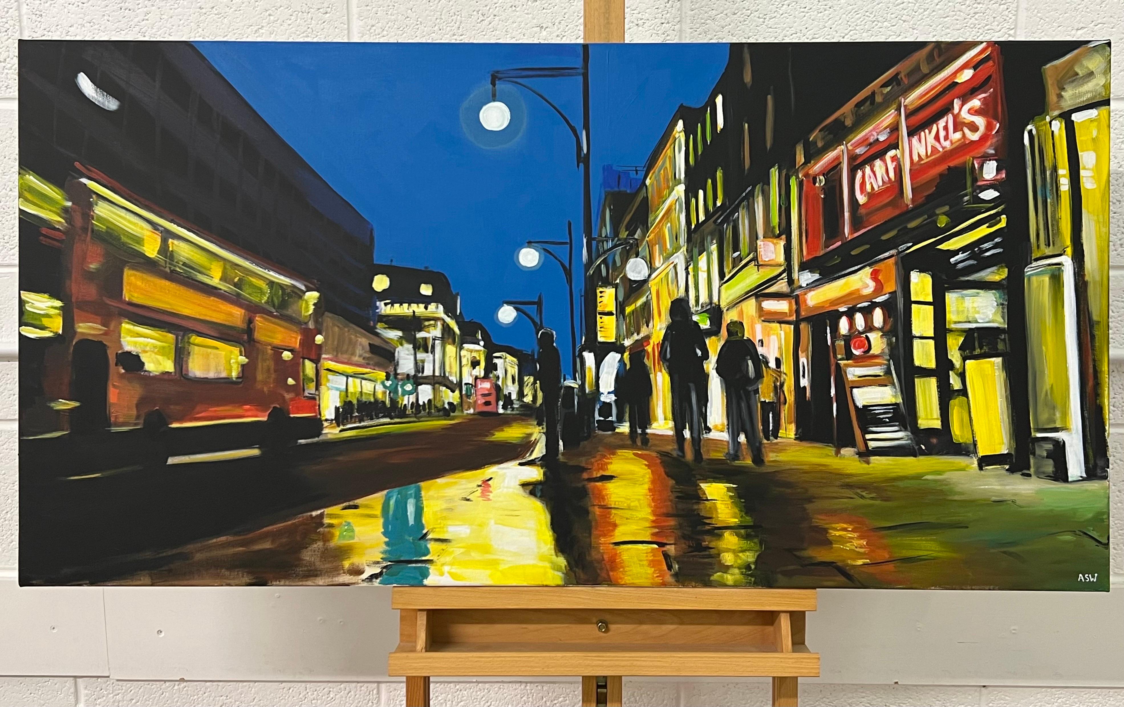 Oxford Street en la ciudad de Londres por la noche con un autobús rojo de Londres por la artista contemporánea de paisajes urbanos, Angela Wakefield. Uno de los temas de los primeros trabajos de Angela era la intención de captar la sensación de
