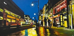 Oxford Street in London at Night with Figures & Red Bus by British Artist