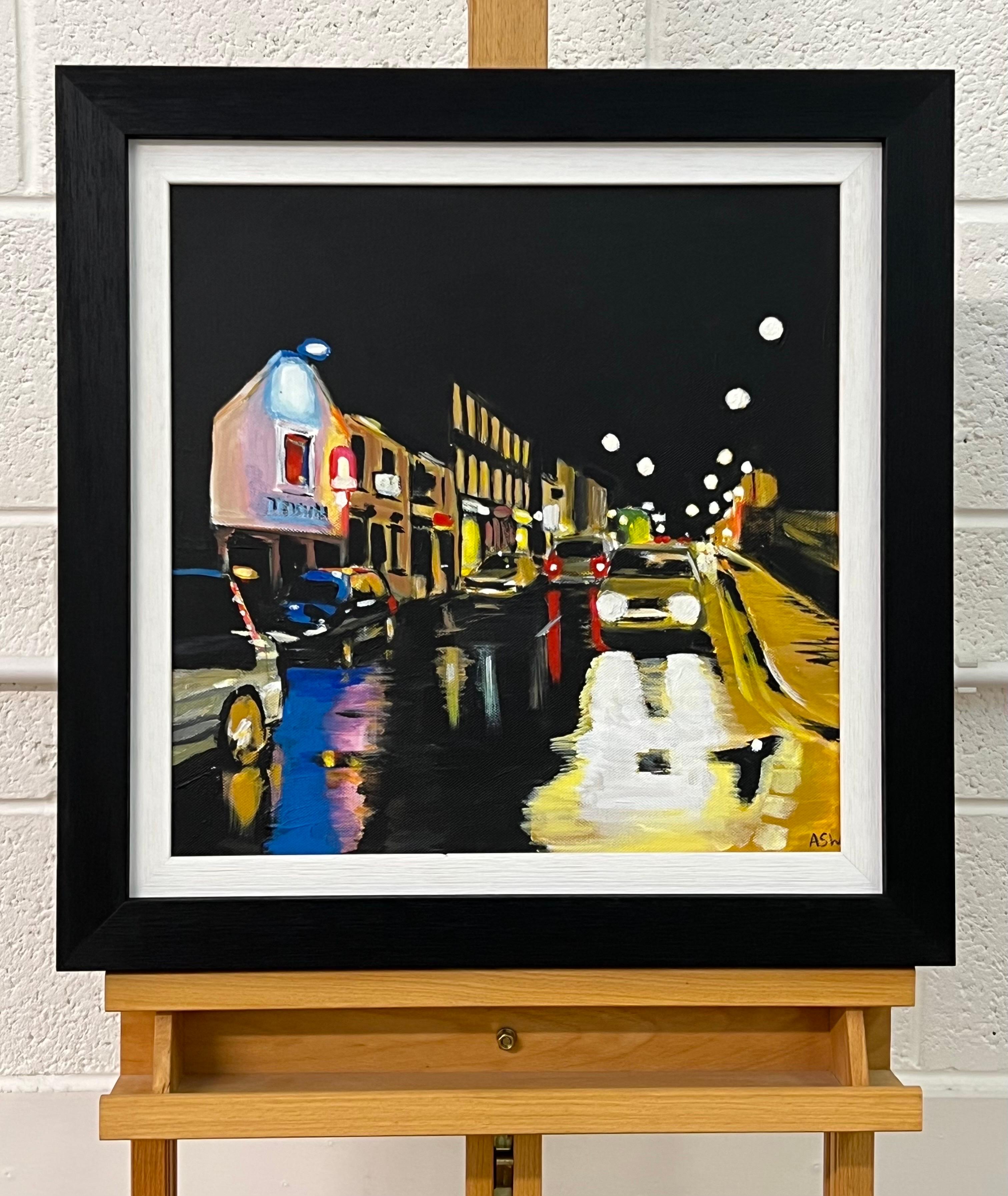 Painting of a Northern English Village in Winter by Leading Contemporary British Urban Landscape Artist, Angela Wakefield. The painting depicts an urban landscape scene from the village of Whalley in Lancashire on a typically rainy evening. 

Art
