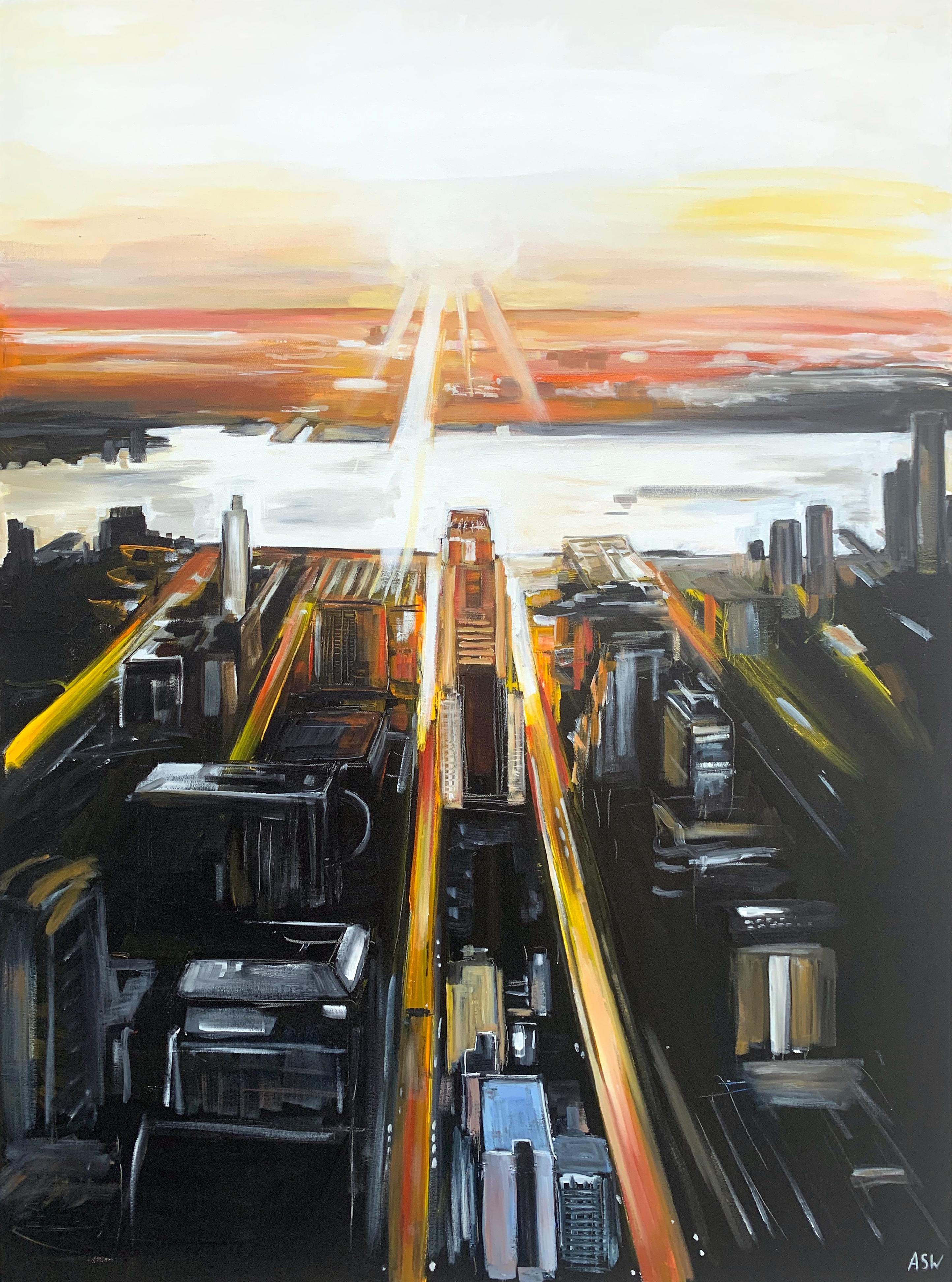 Peinture d'une vue aérienne de l'île de Manhattan à New York par l'artiste anglais en vente 4