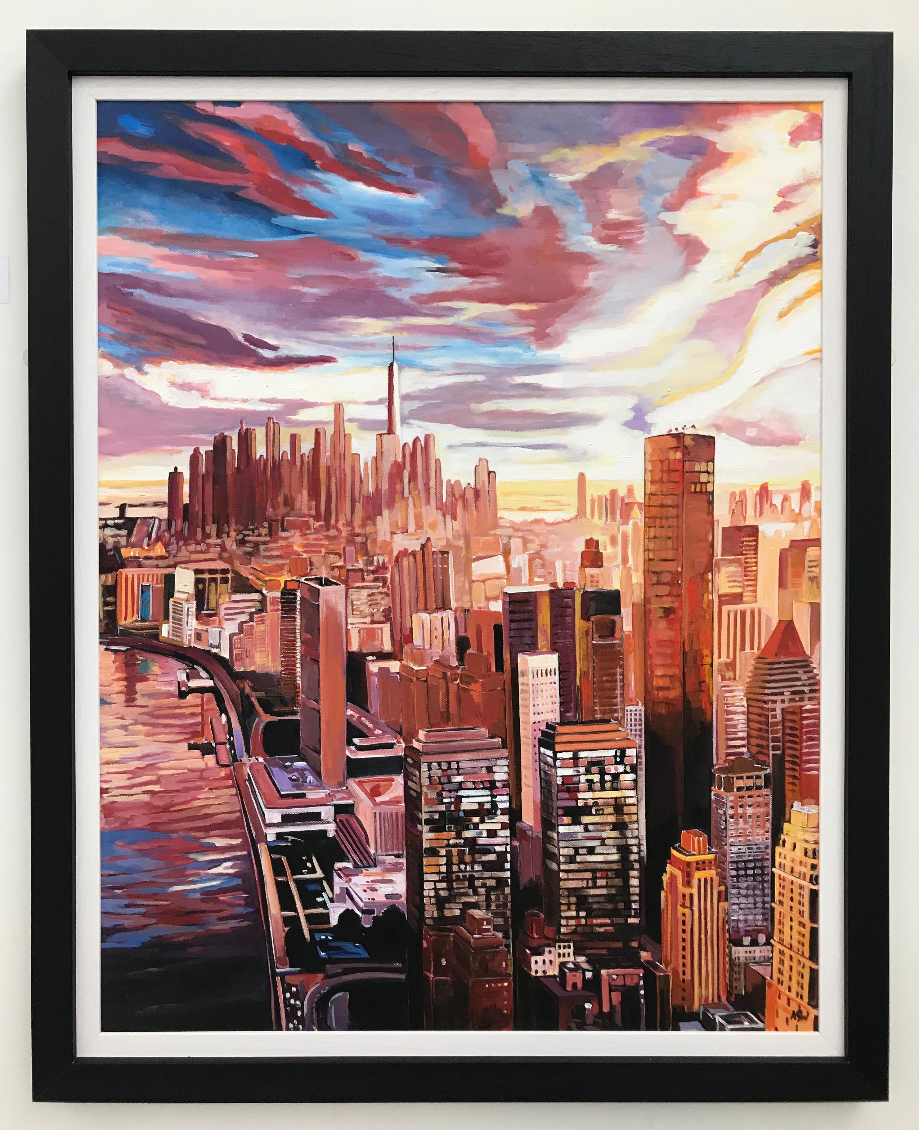 Originalgemälde der führenden britischen Urban Cityscape-Künstlerin Angela Wakefield mit einer Luftansicht von Manhattan Island:: New York City:: aus. 

Kunst misst 28 x 36 Zoll 
Der Rahmen misst 33 x 41 Zoll 

Angela Wakefield war zweimal auf der