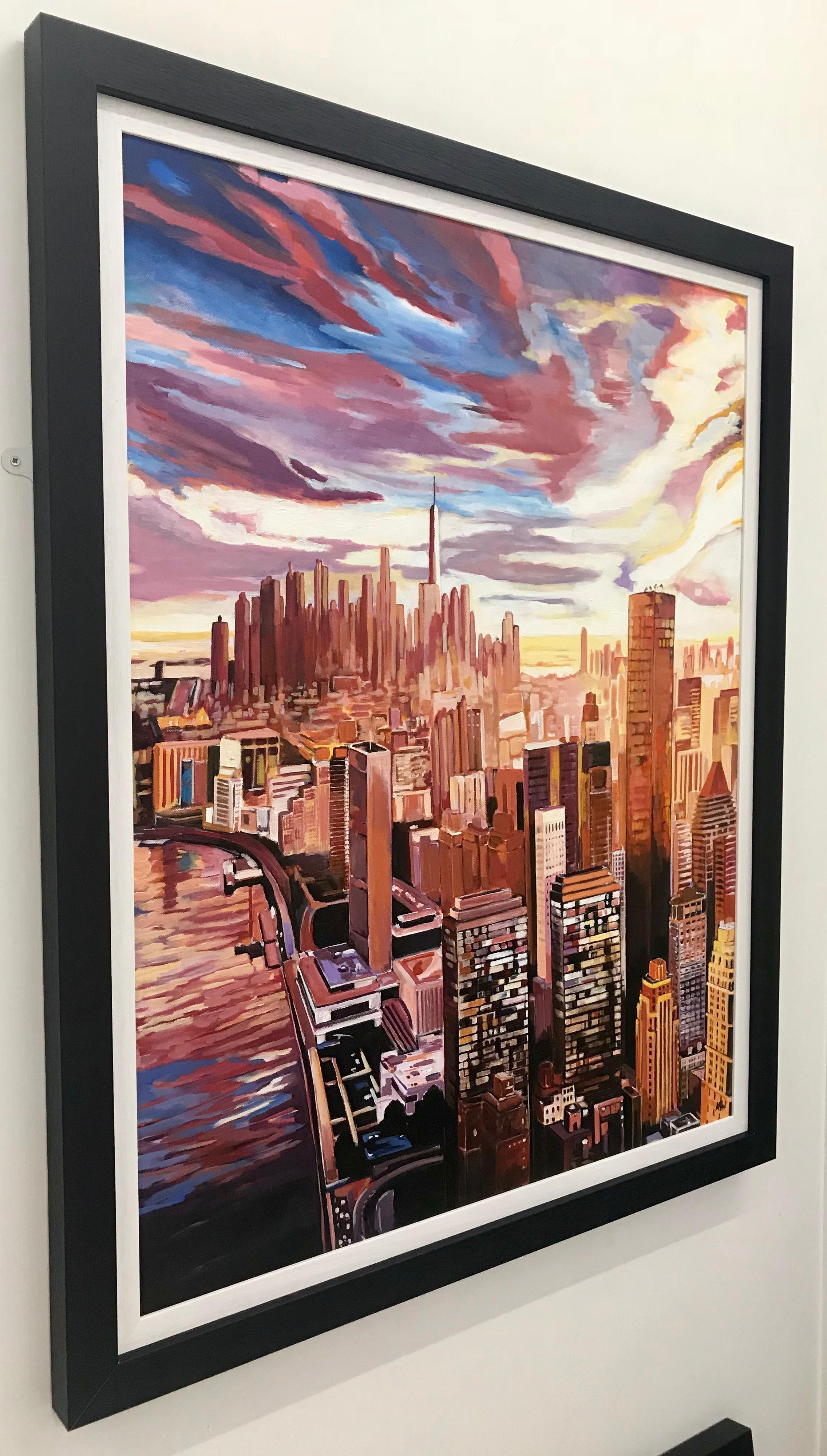 Gemälde mit einer Luftaufnahme von Manhattan Island:: New York City:: von englischem Künstler (Braun), Figurative Painting, von Angela Wakefield