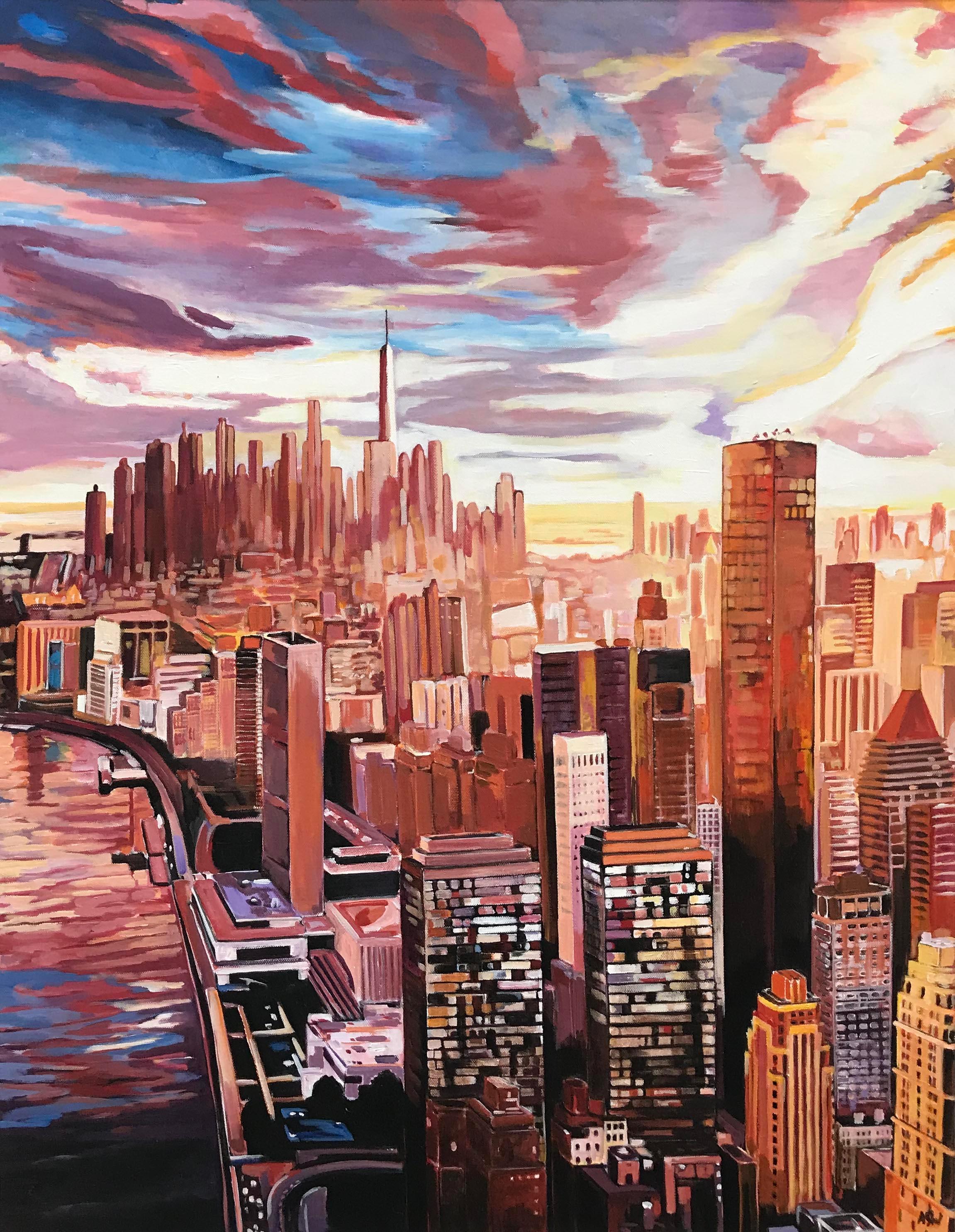 Painting of an Aerial View of Manhattan Island New York City by English Artist 1
