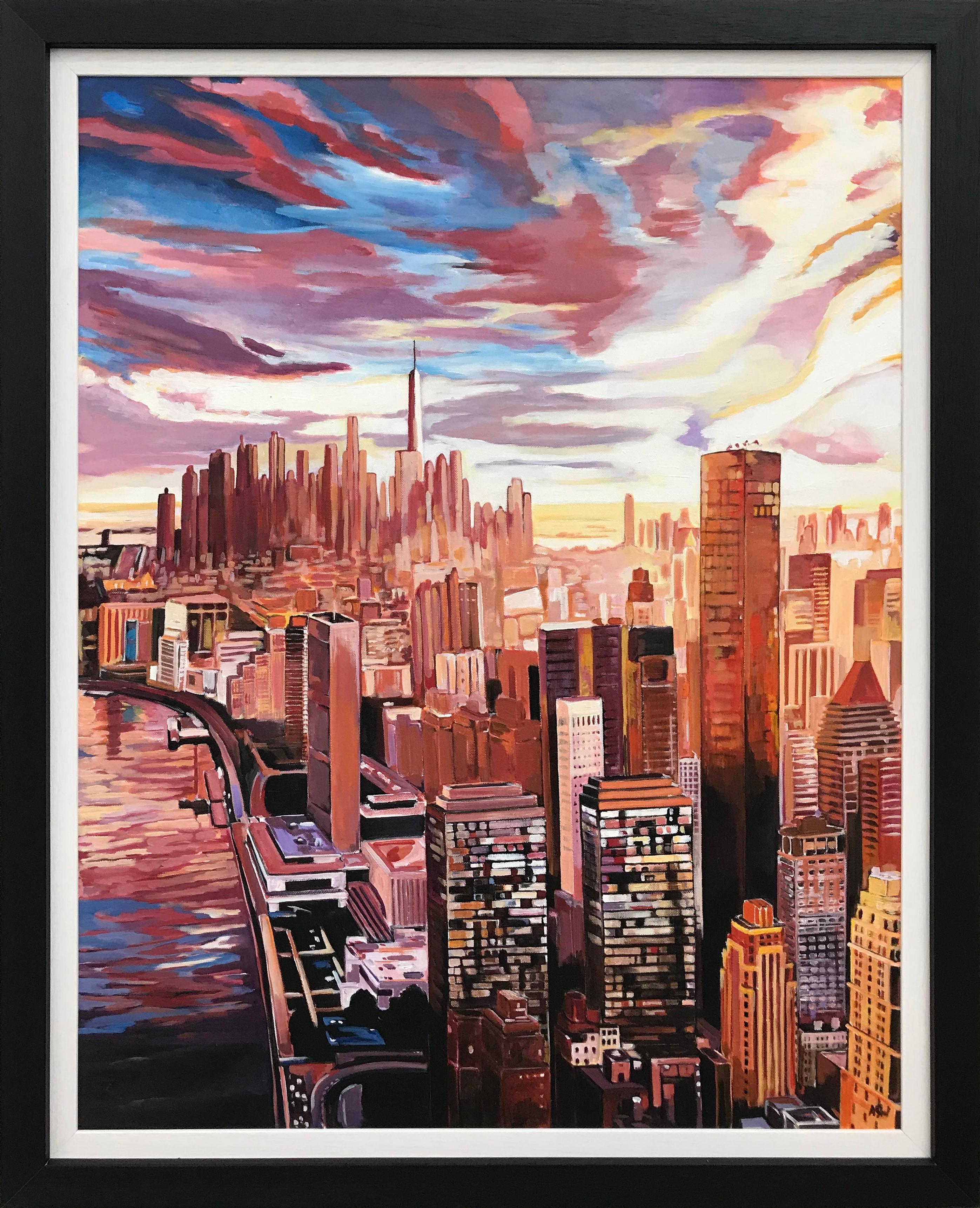 Angela Wakefield Figurative Painting - Painting of an Aerial View of Manhattan Island New York City by English Artist