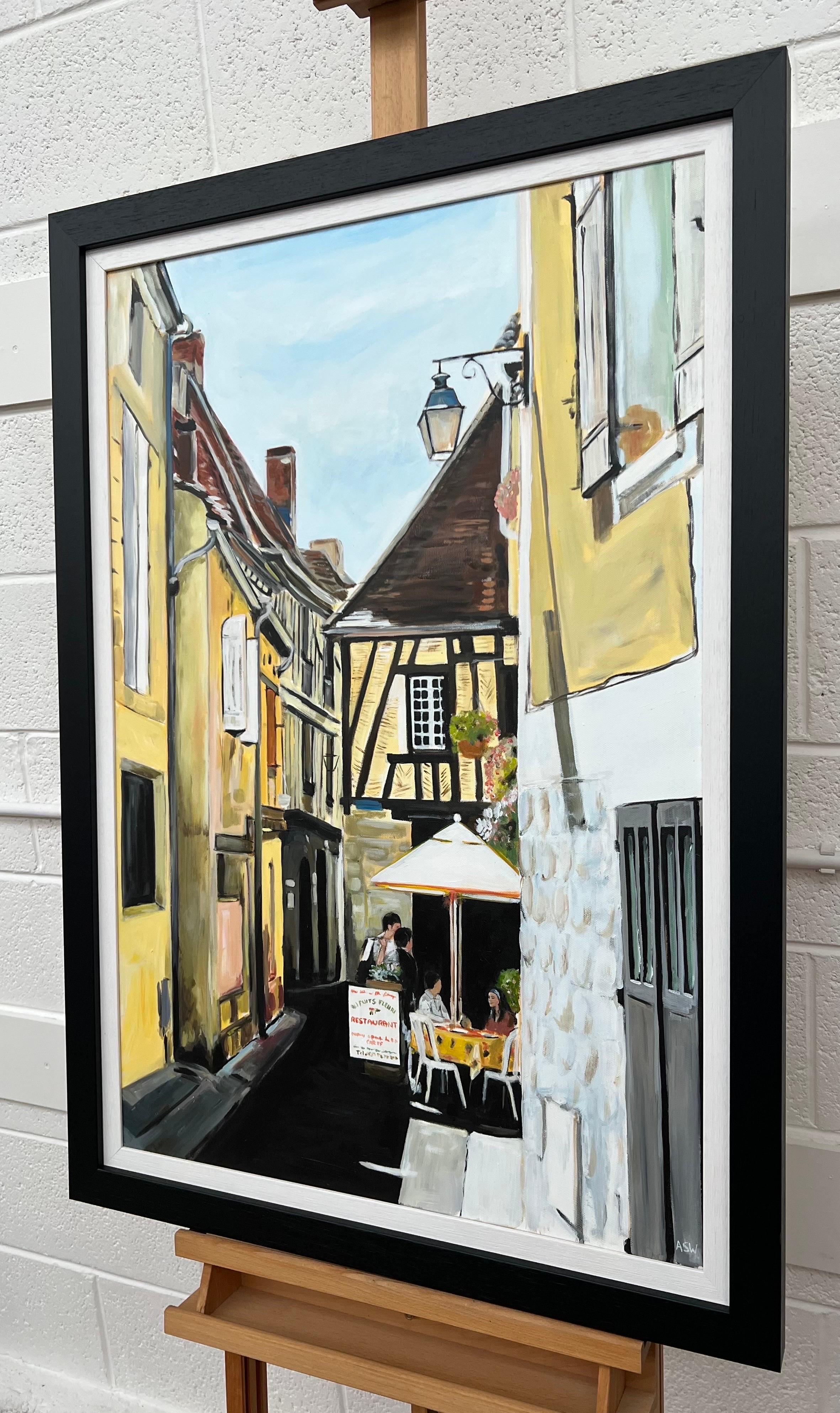 Originalgemälde des Bergerac Cafe in Frankreich von der zeitgenössischen britischen Künstlerin Angela Wakefield. Teil ihrer 2012 veröffentlichten Europäischen Reihe (Nr. 10). Die schöne Altstadt von Bergerac im Südwesten Frankreichs ist bekannt für