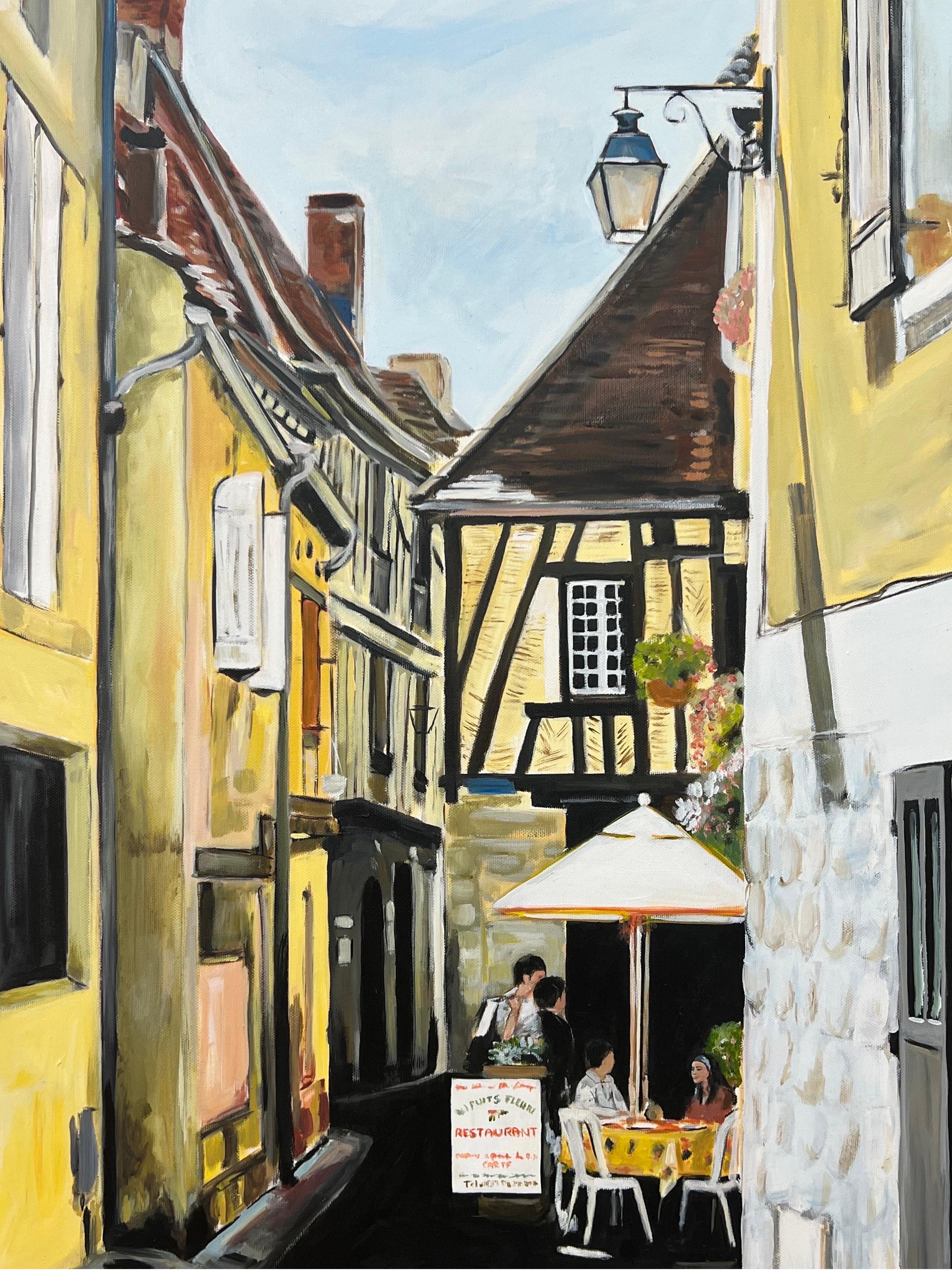 Original Painting of Bergerac Cafe in France by Contemporary British Artist, Angela Wakefield. Part of her European Series published in 2012 (No.10). The beautiful old town of Bergerac in south west France is known for its half-timbered buildings