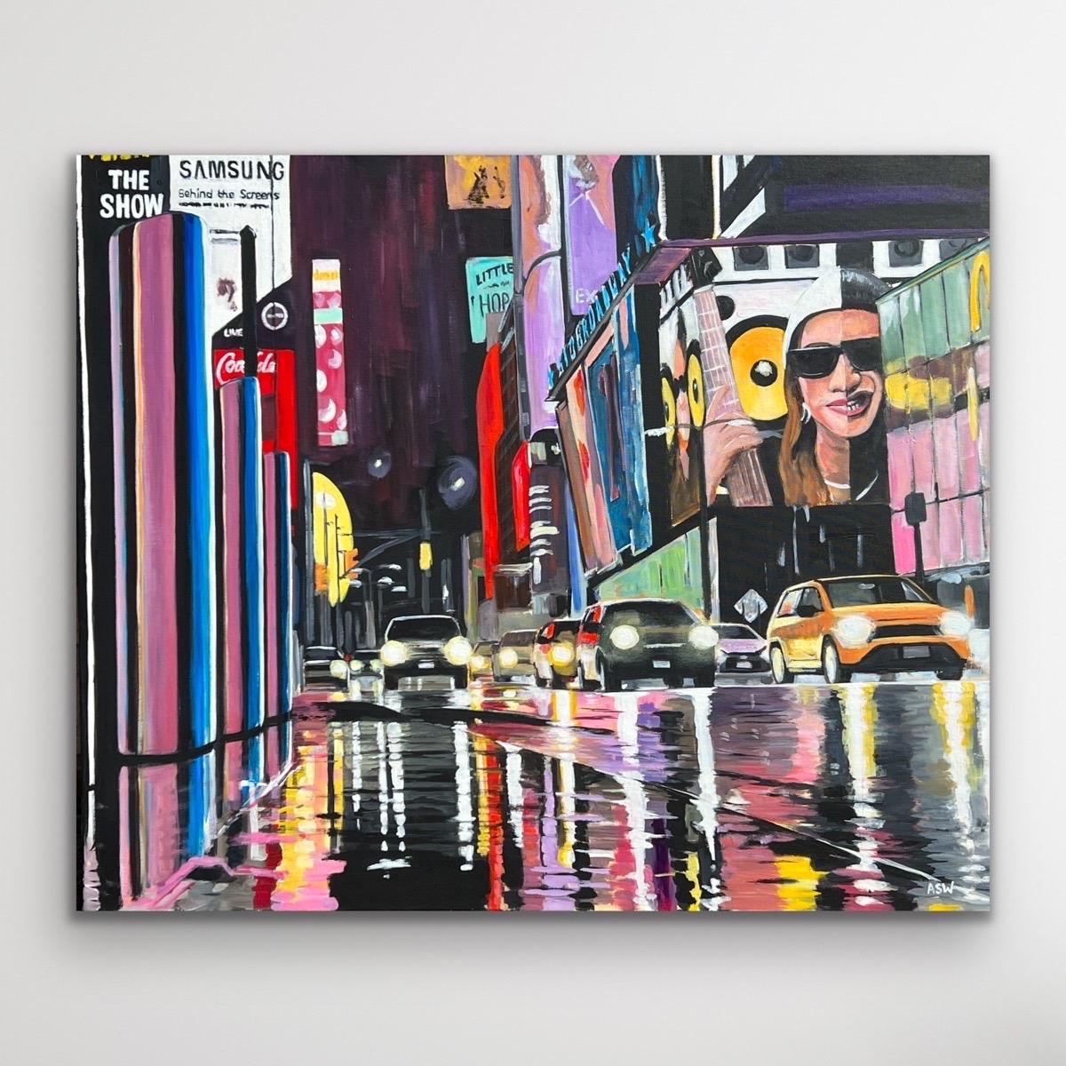 Peinture d'une scène de rue de Broadway à New York d'après la pluie d'un artiste britannique en vente 8