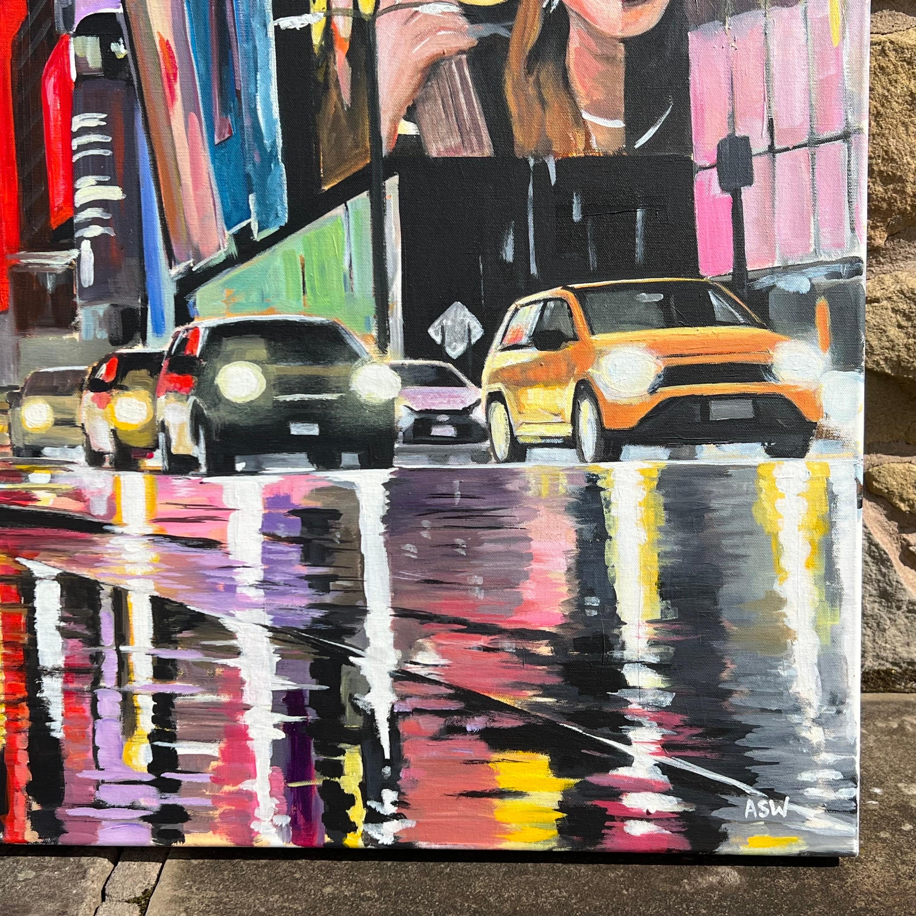 Peinture d'une scène de rue de Broadway à New York d'après la pluie d'un artiste britannique - Painting de Angela Wakefield