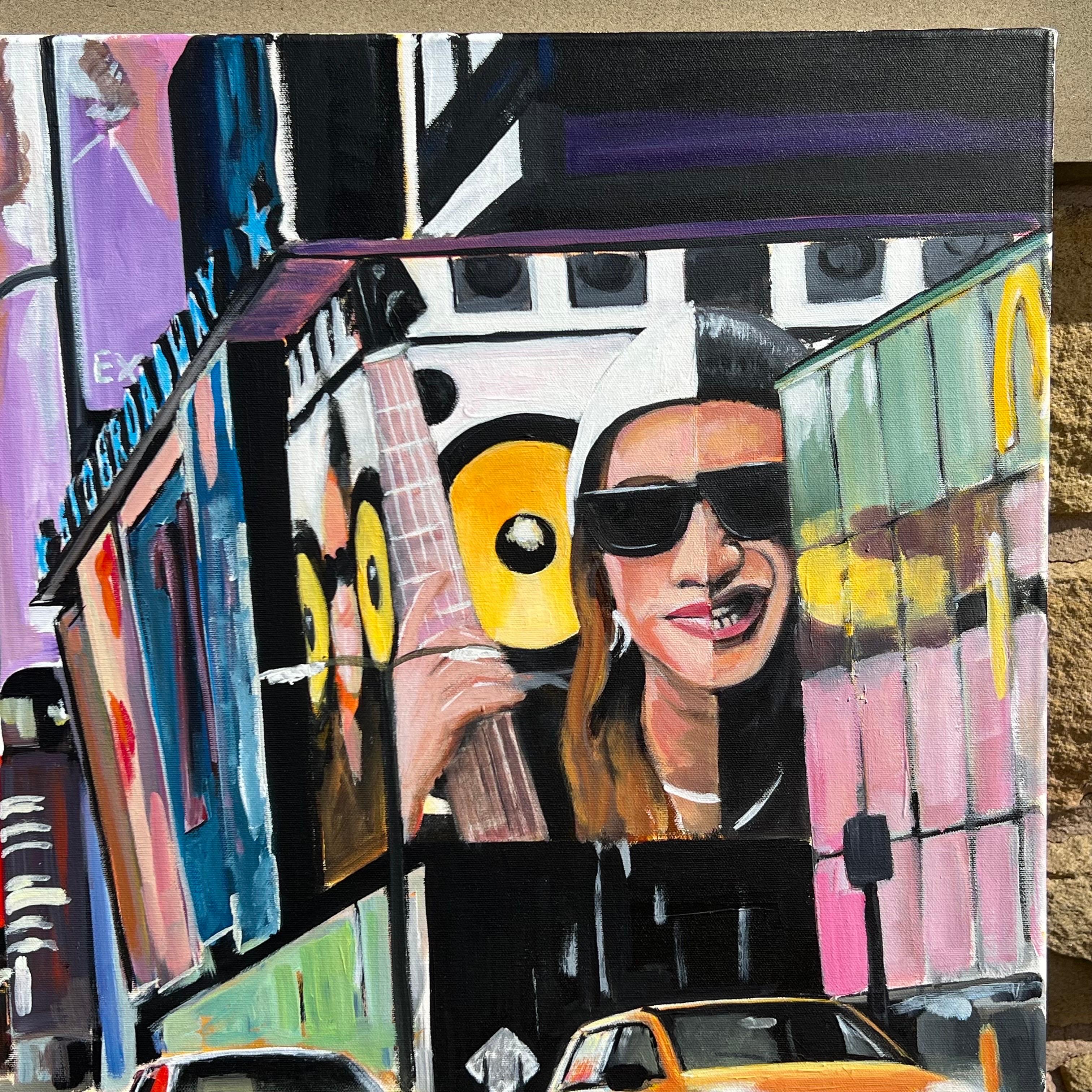 Peinture d'une scène de rue de Broadway à New York d'après la pluie d'un artiste britannique - Contemporain Painting par Angela Wakefield