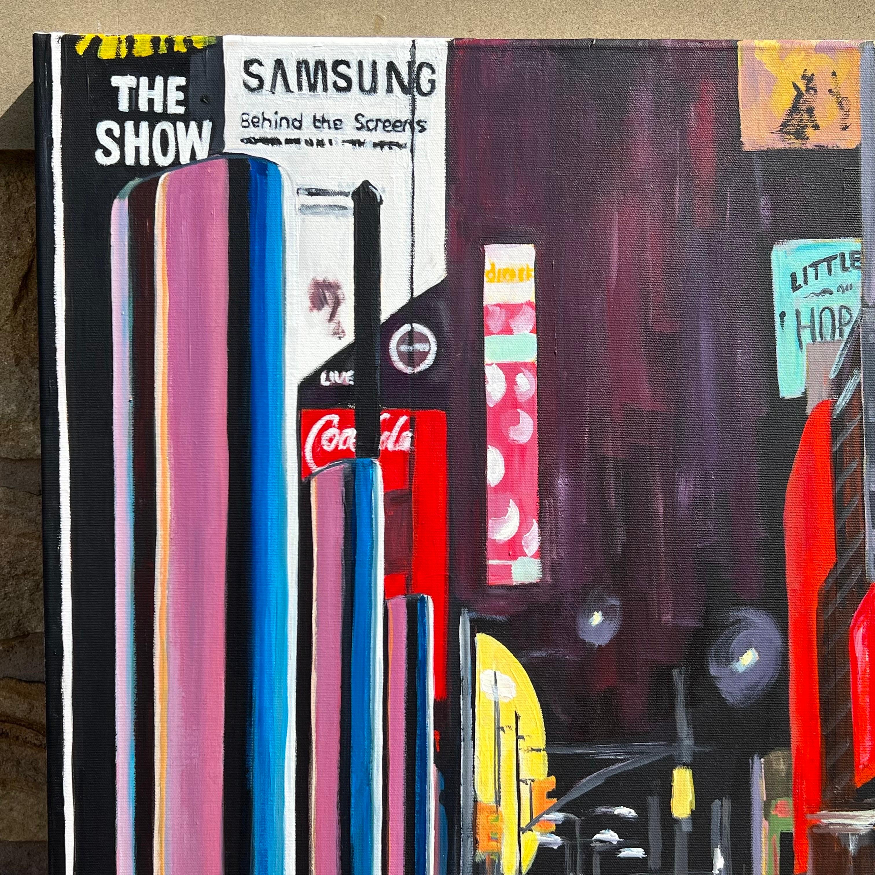 Peinture originale d'une scène de rue contemporaine de Broadway à New York après la pluie, réalisée par l'artiste britannique Angela Wakefield. Il s'agit d'une œuvre majeure qui s'inscrit dans la continuité de sa série épique sur New York, qui