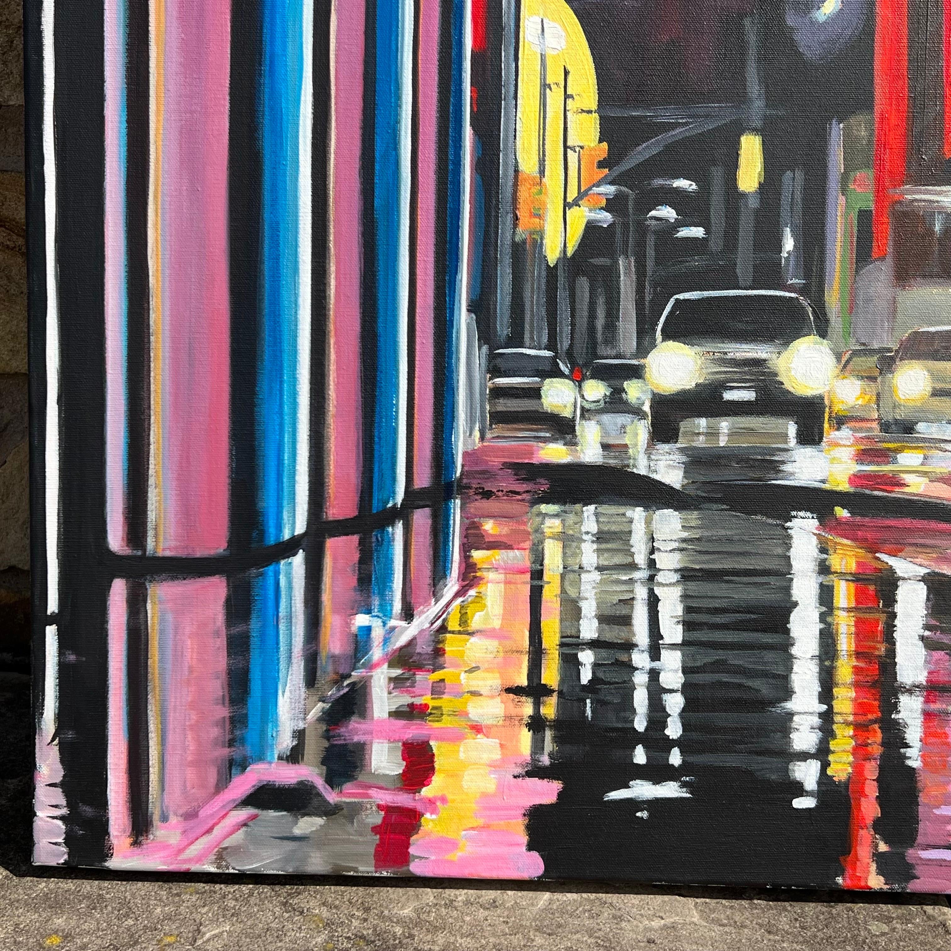 Peinture d'une scène de rue de Broadway à New York d'après la pluie d'un artiste britannique en vente 1