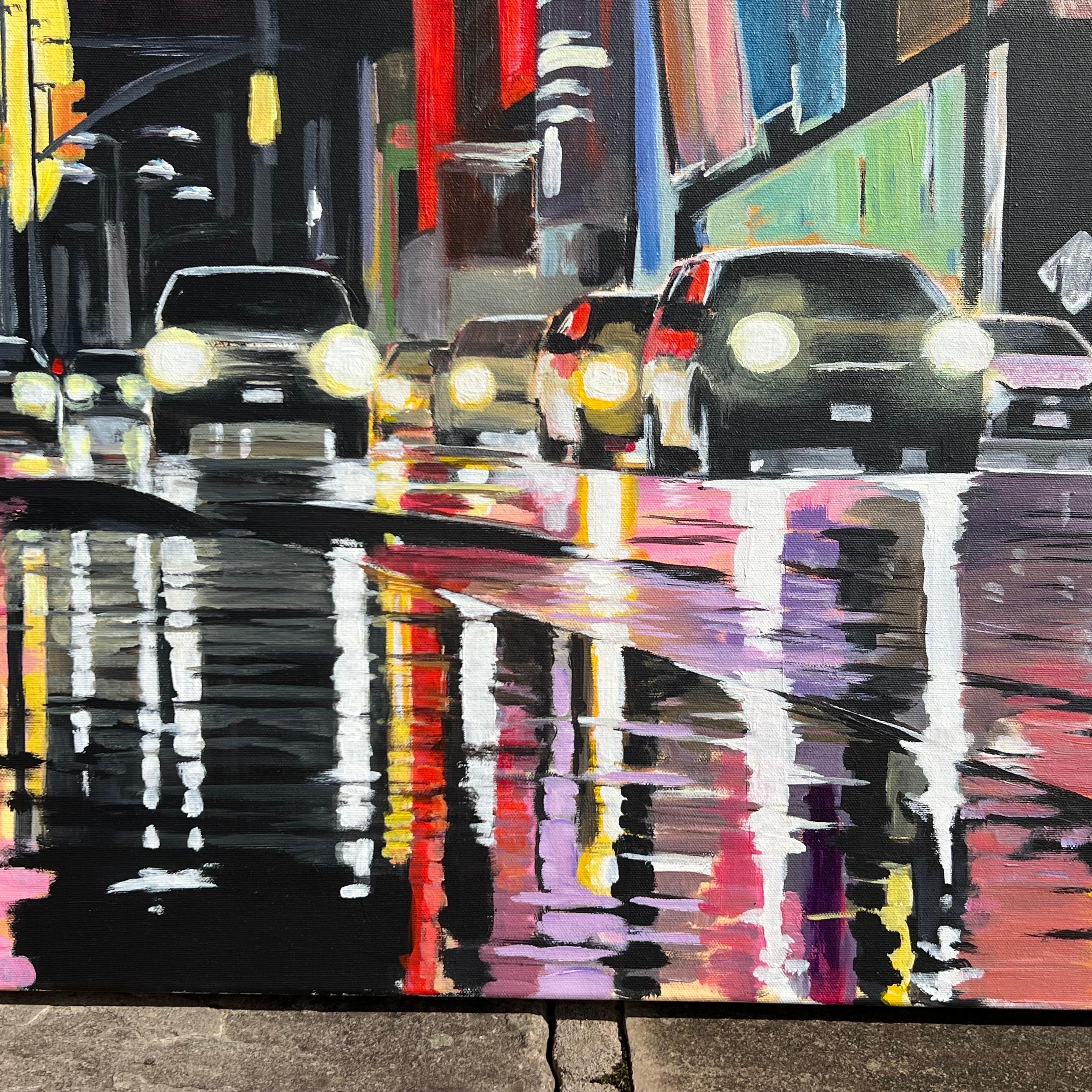 Peinture d'une scène de rue de Broadway à New York d'après la pluie d'un artiste britannique en vente 2