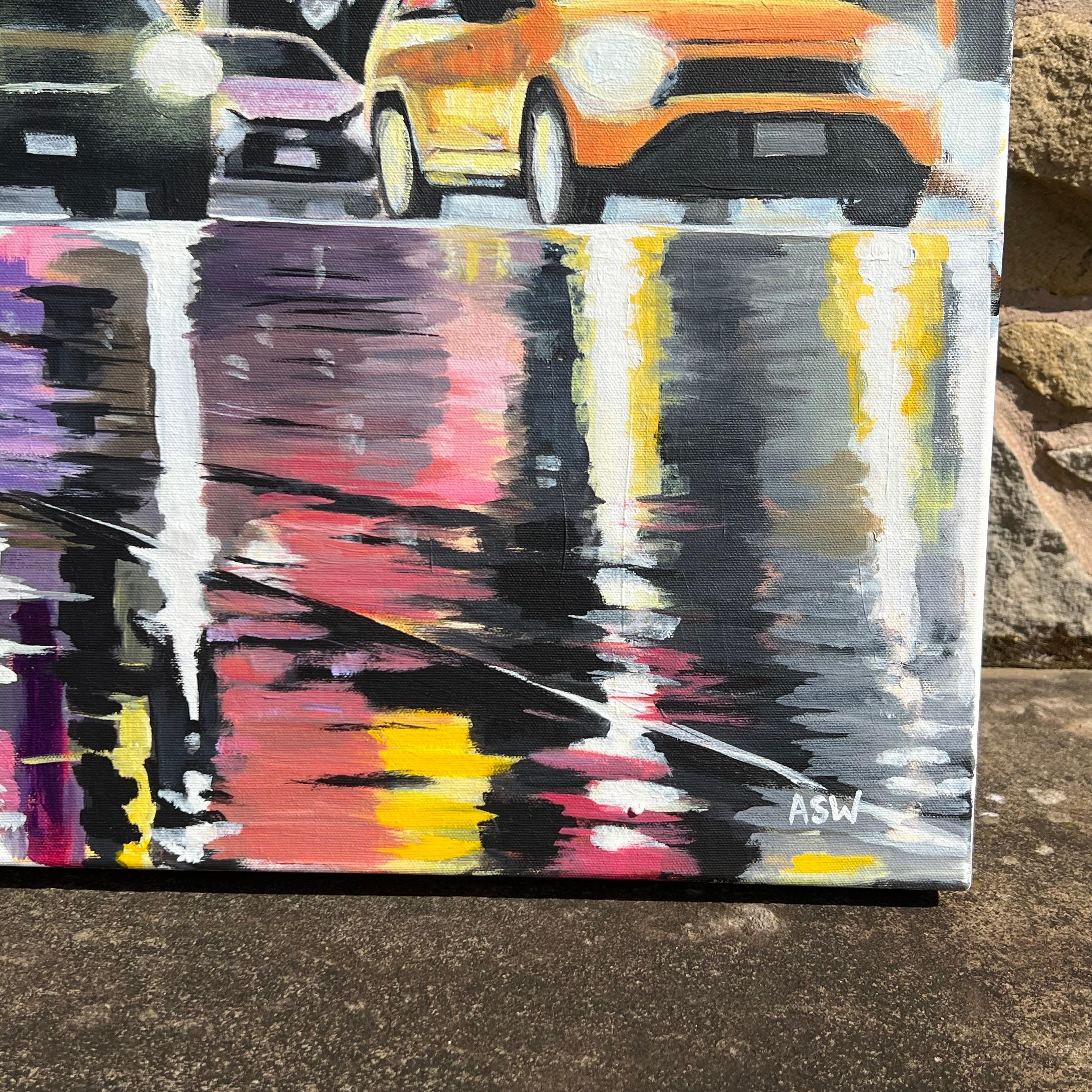 Peinture d'une scène de rue de Broadway à New York d'après la pluie d'un artiste britannique en vente 3