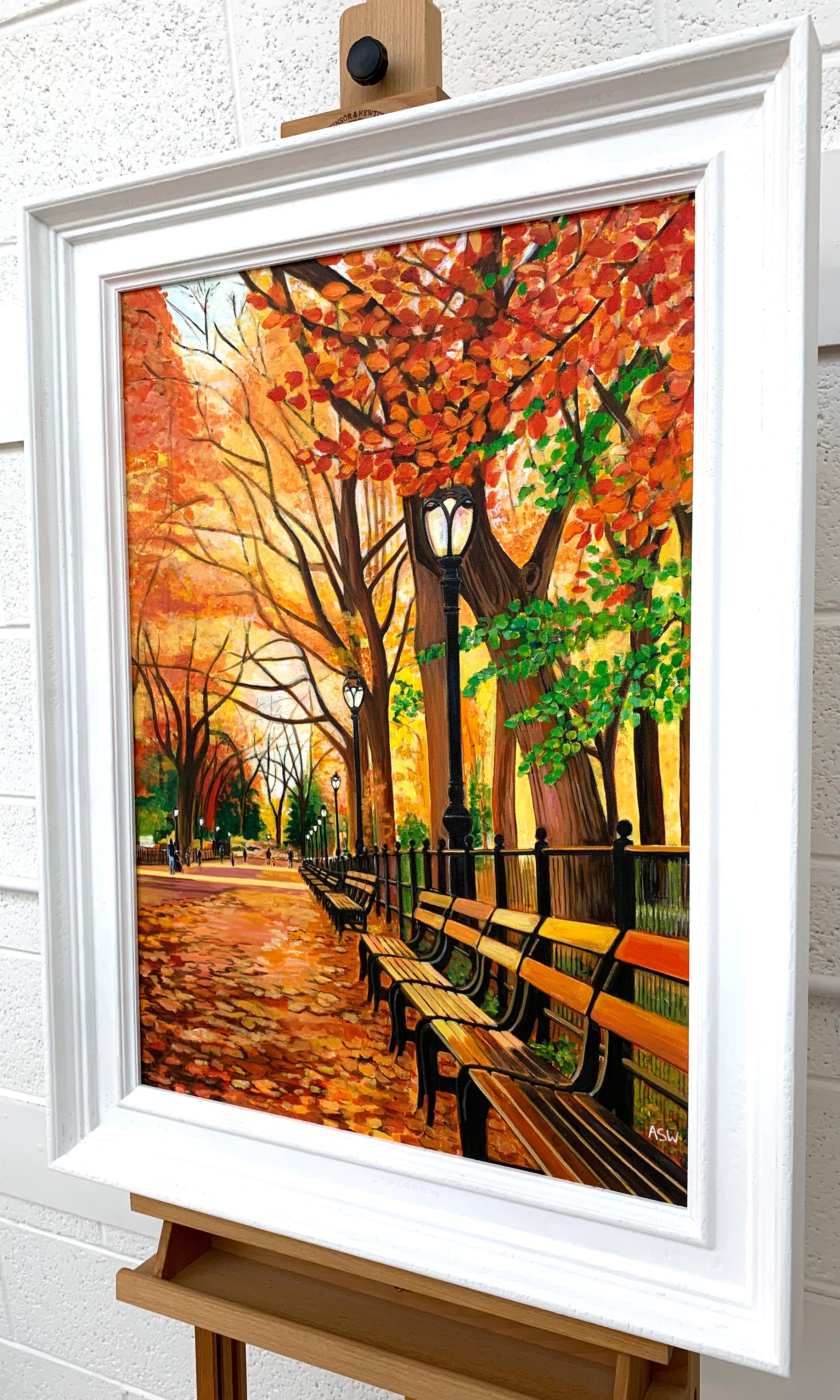 Painting of Central Park New York in Autumn Fall by Collectible British Artist - Brown Landscape Painting by Angela Wakefield