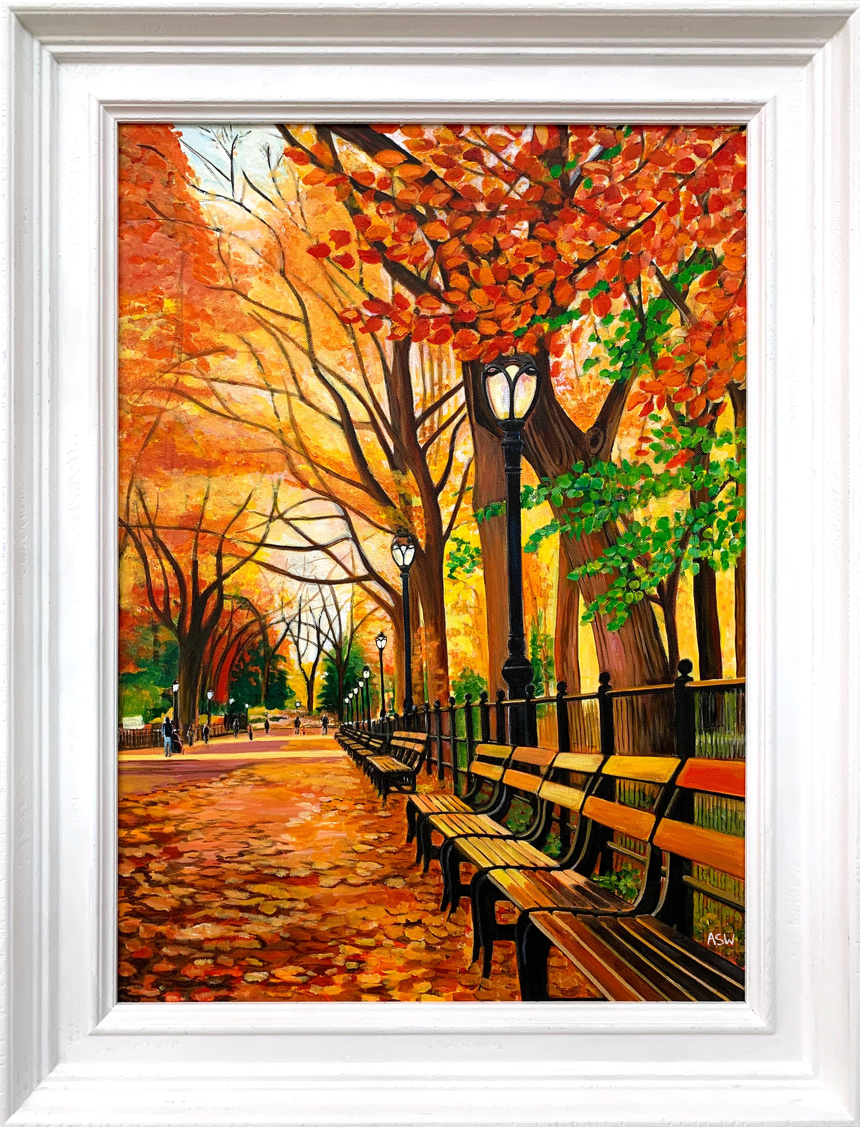 Angela Wakefield Landscape Painting - Painting of Central Park New York in Autumn Fall by Collectible British Artist