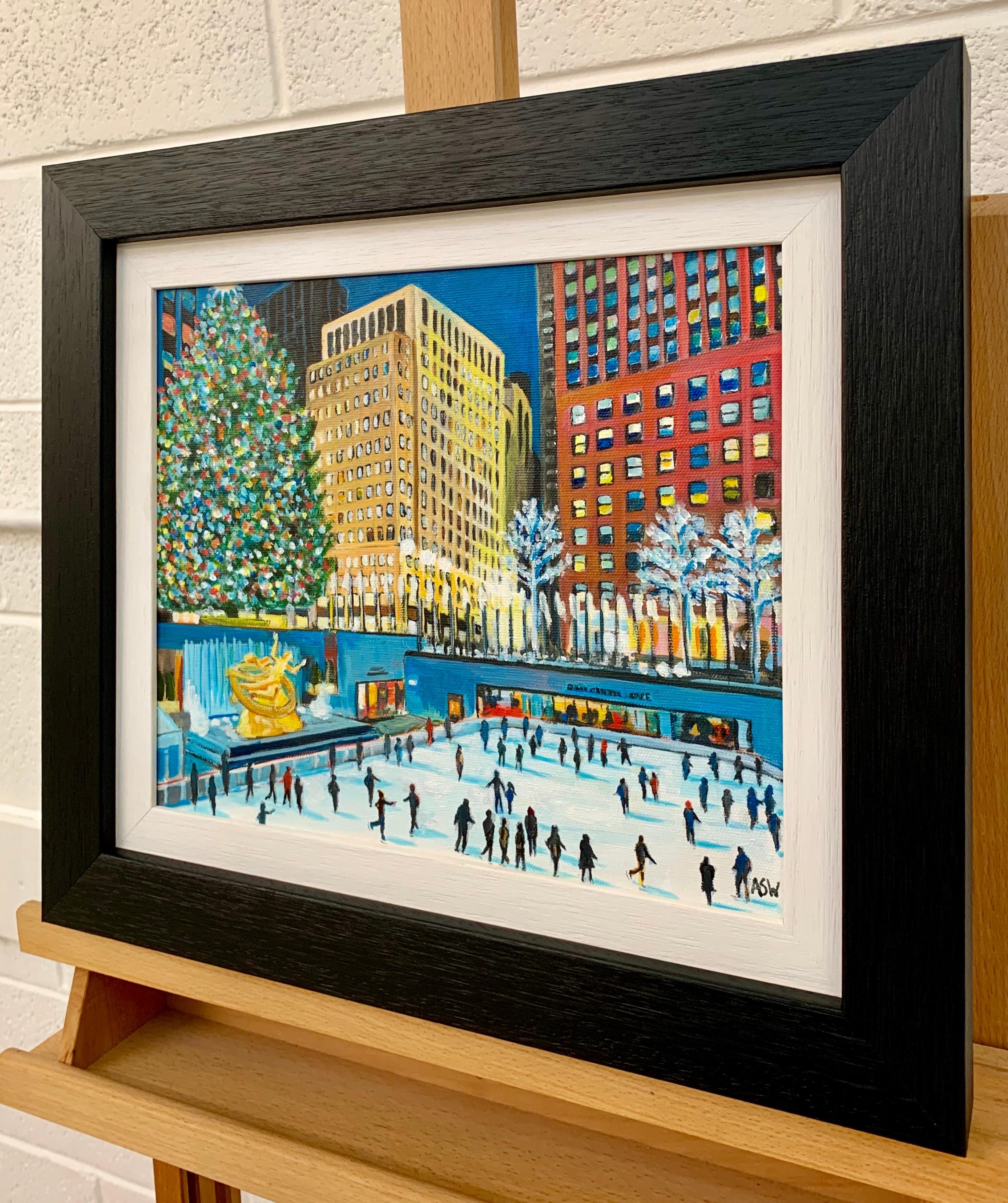Painting of Christmas Ice Skaters at Rockefeller Rink New York by British Artist - Black Figurative Painting by Angela Wakefield