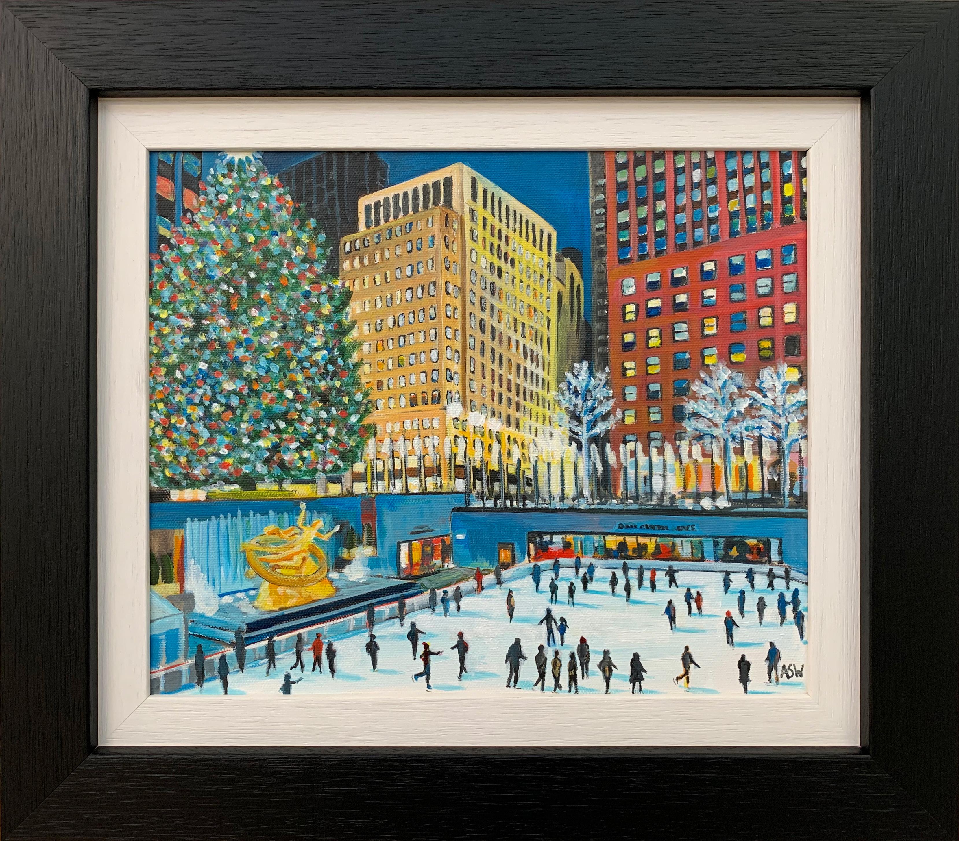 Angela Wakefield Figurative Painting - Painting of Christmas Ice Skaters at Rockefeller Rink New York by British Artist