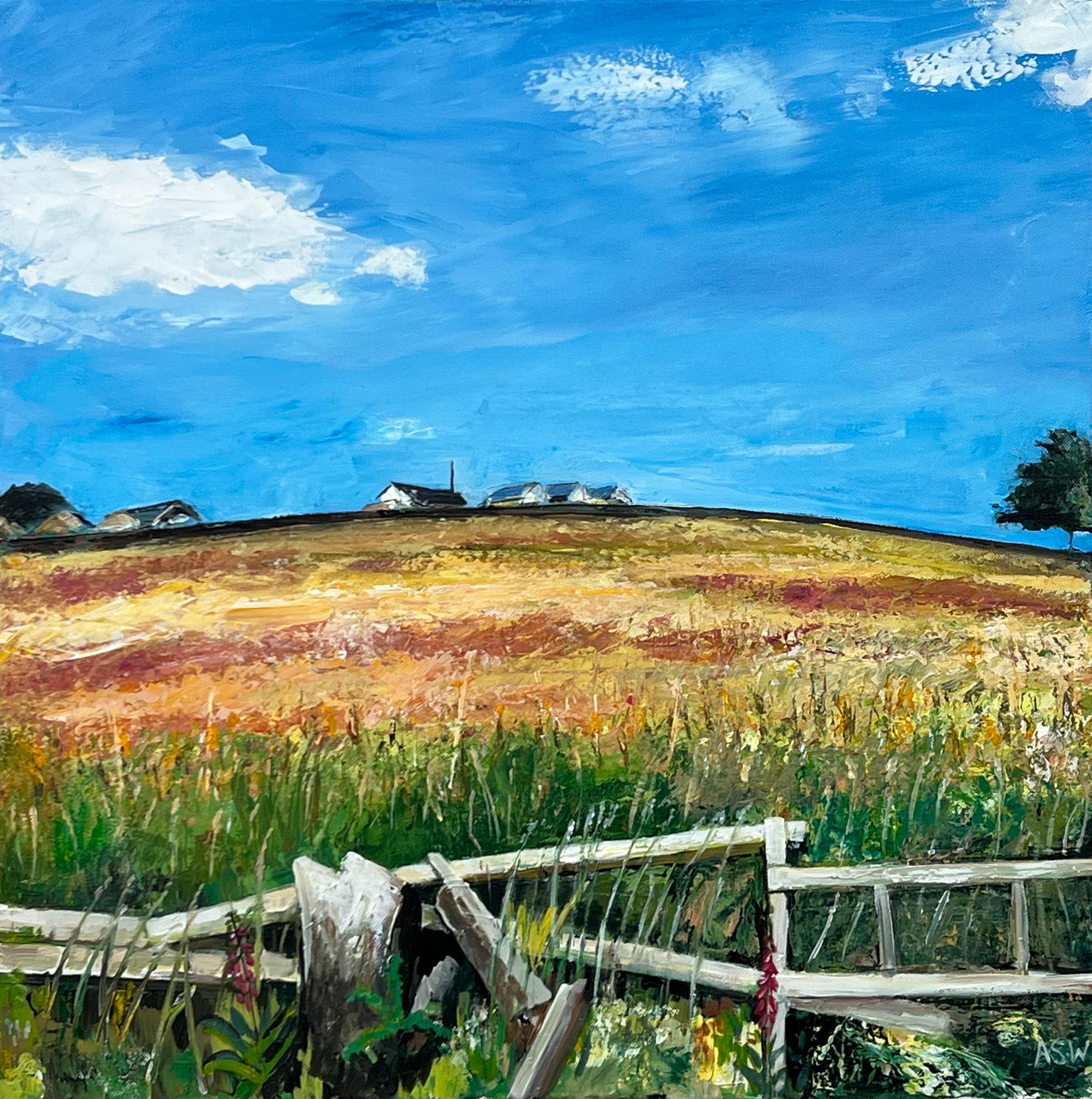 Angela Wakefield Figurative Painting - Painting of Lancashire Fields in English Countryside by British Landscape Artist