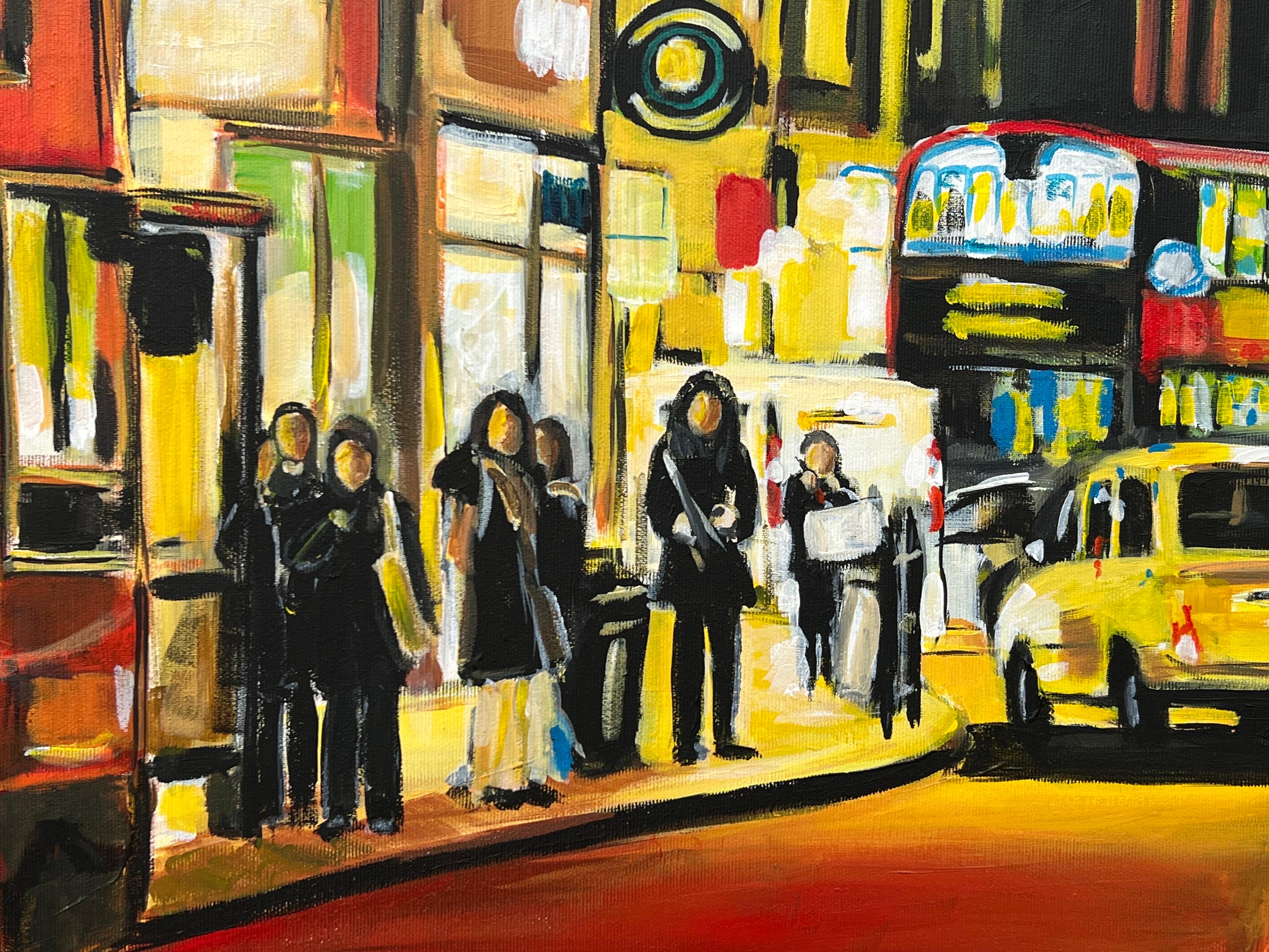 Painting of Figures at London Bus Stop in England at Night by Leading Contemporary British Urban Landscape Artist, Angela Wakefield. 

Art measures 24 x 16 inches 
(Unframed) 

Angela Wakefield has twice been on the front cover of ‘Art of England’