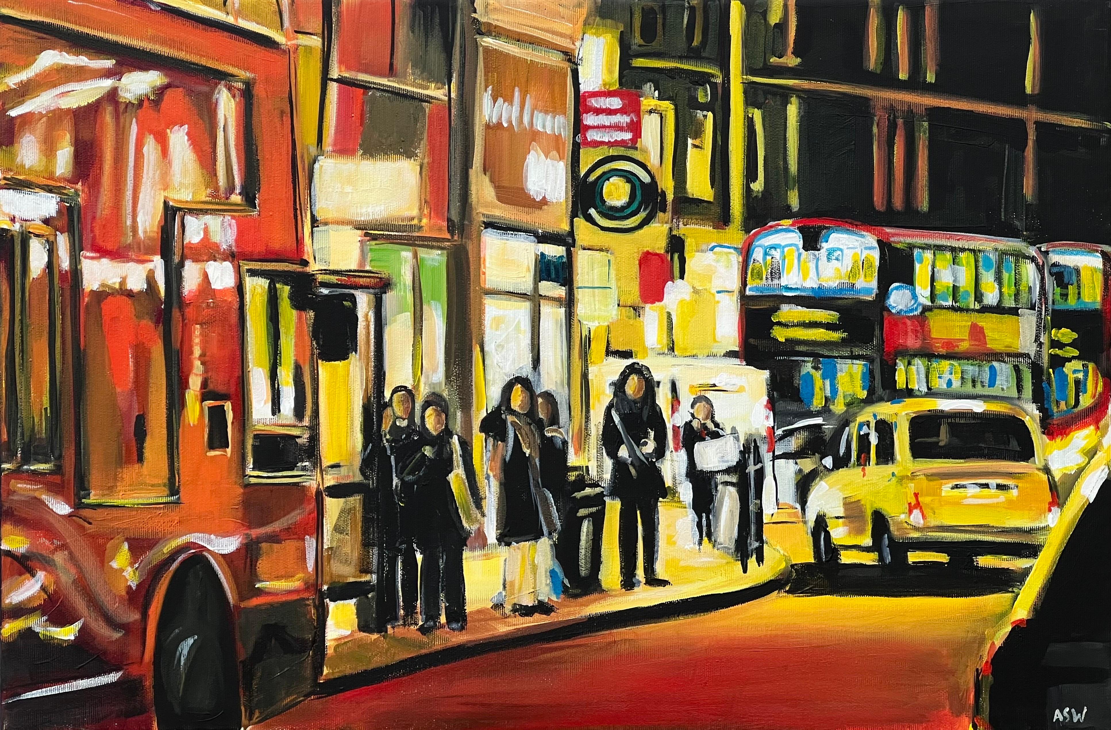 Figurative Painting di Angela Wakefield - Quadro della fermata dell'autobus di Londra in Inghilterra di notte realizzato da un artista urbano contemporaneo del Regno Unito