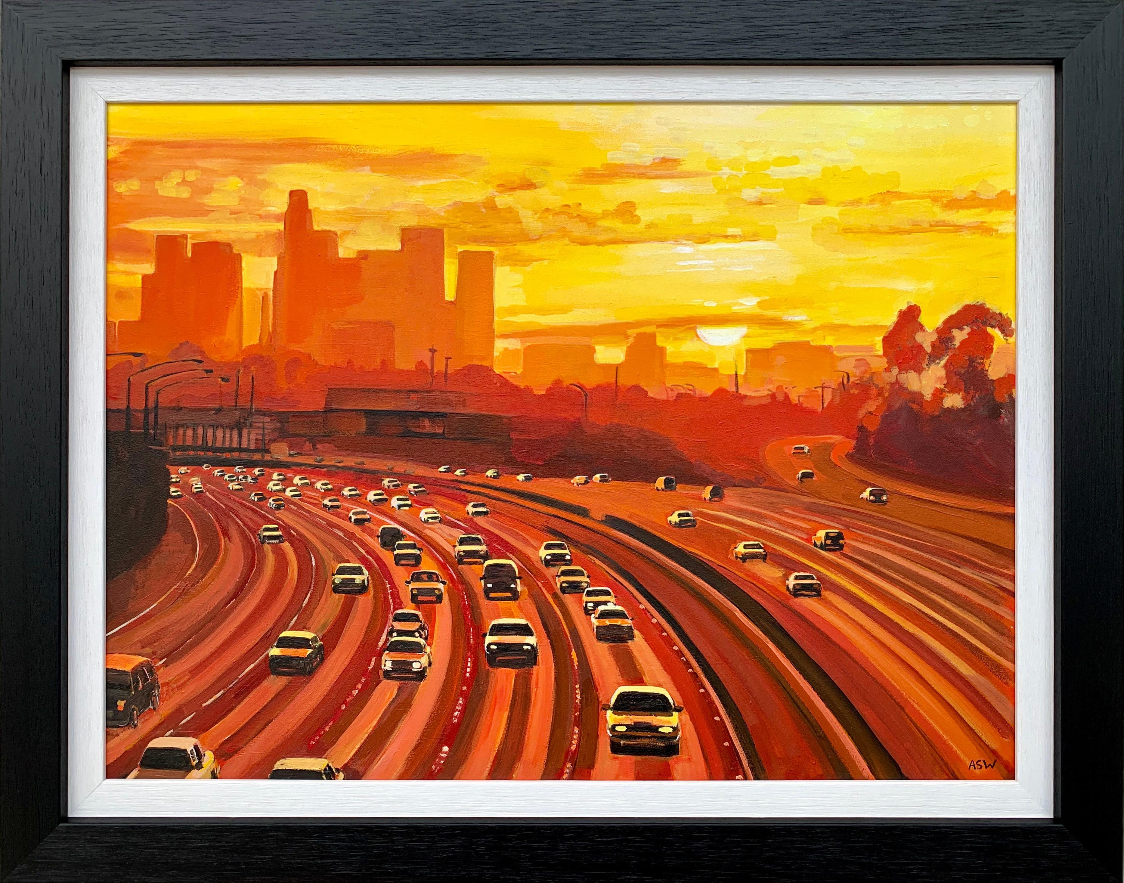 Angela Wakefield Landscape Painting - Painting of Los Angeles Highway Sunset California by Collectible British Artist