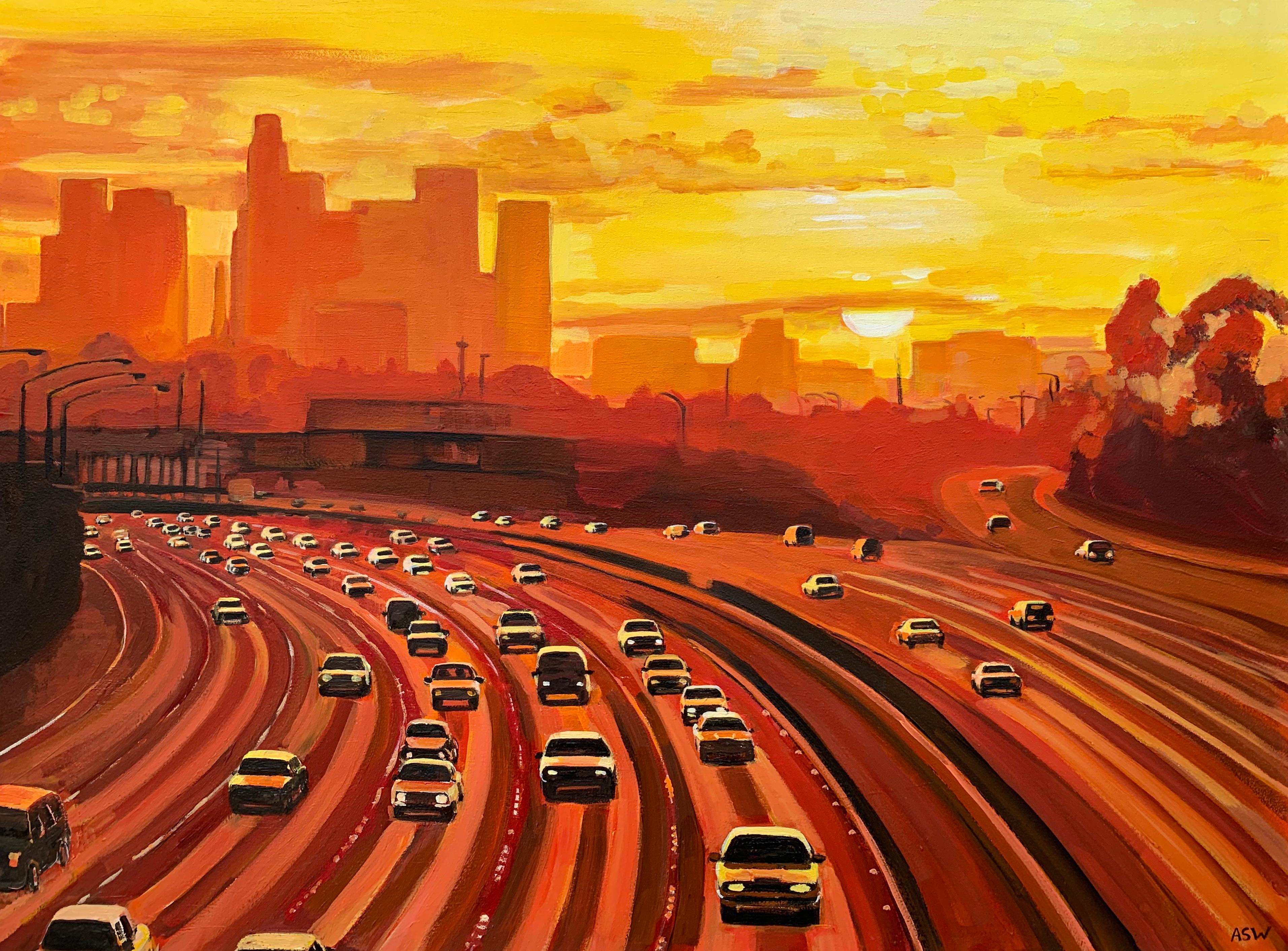 Gemälde der Los Angeles Highway Sunset California des britischen Künstlers mit Rot- und Gelbtönen. Dieses Gemälde befindet sich auf hochwertigem Kunstkarton und ist in hochwertiger Acrylfarbe in Künstlerqualität gemalt. Auf der Rückseite signiert::