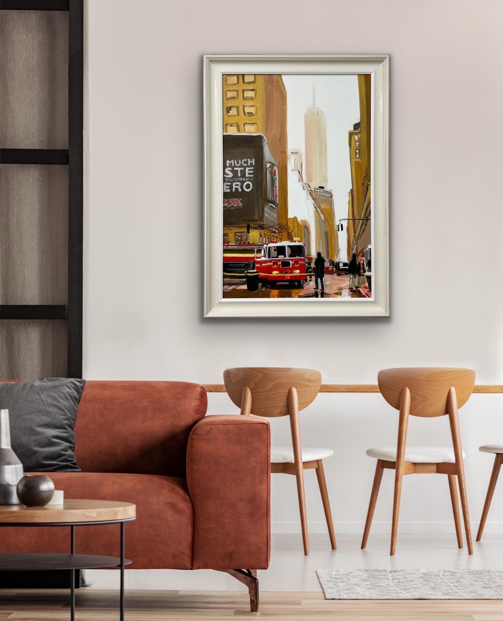 Quadro dei Vigili del Fuoco di New York City realizzato da un artista britannico - Landscape Painting Beige di Angela Wakefield