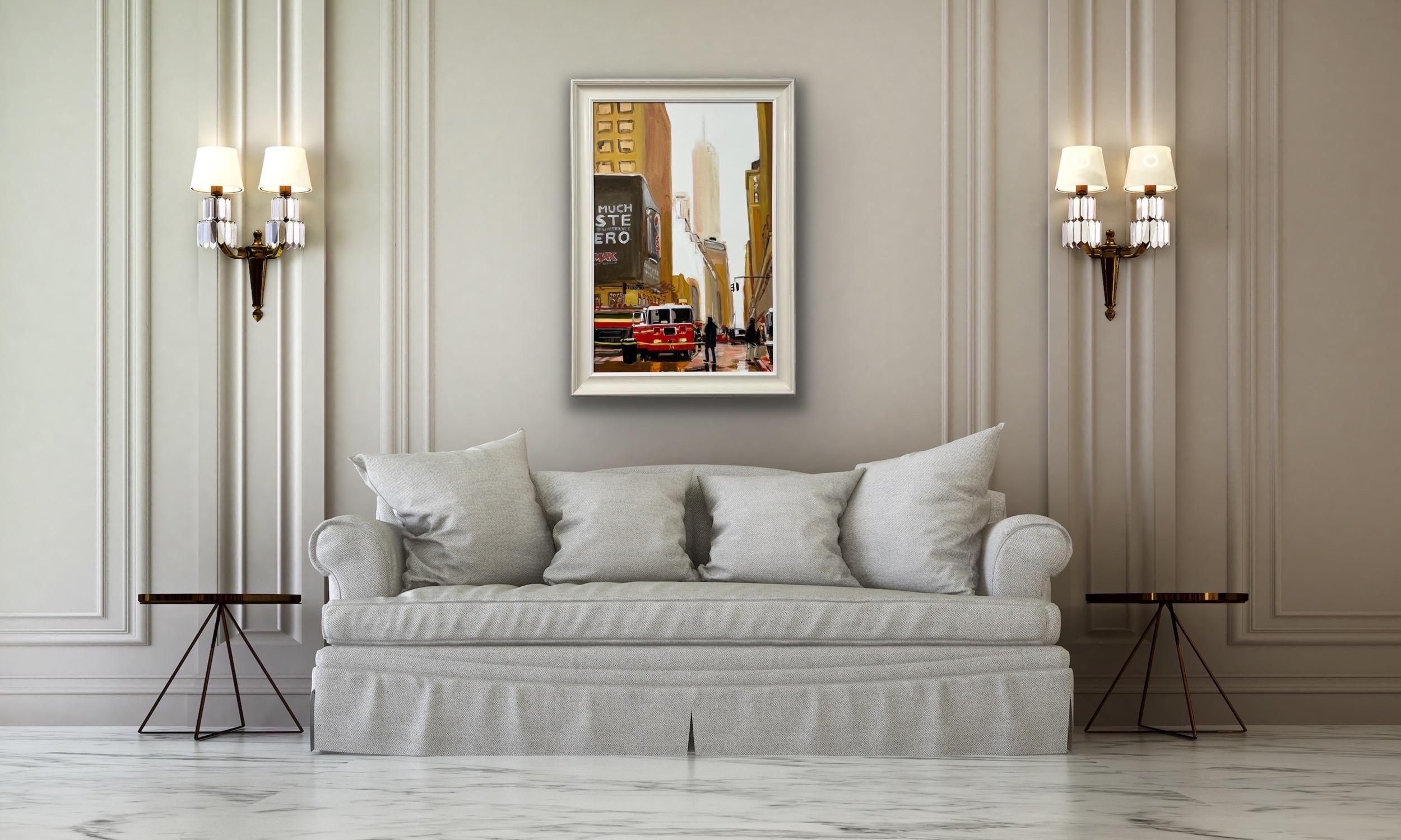 Painting of New York City Fire Department in New York City by Contemporary British Artist, Angela Wakefield.

Art measures 36 x 24 inches 
Frame measures 41 x 29 inches 

Angela Wakefield has twice been on the front cover of ‘Art of England’ and