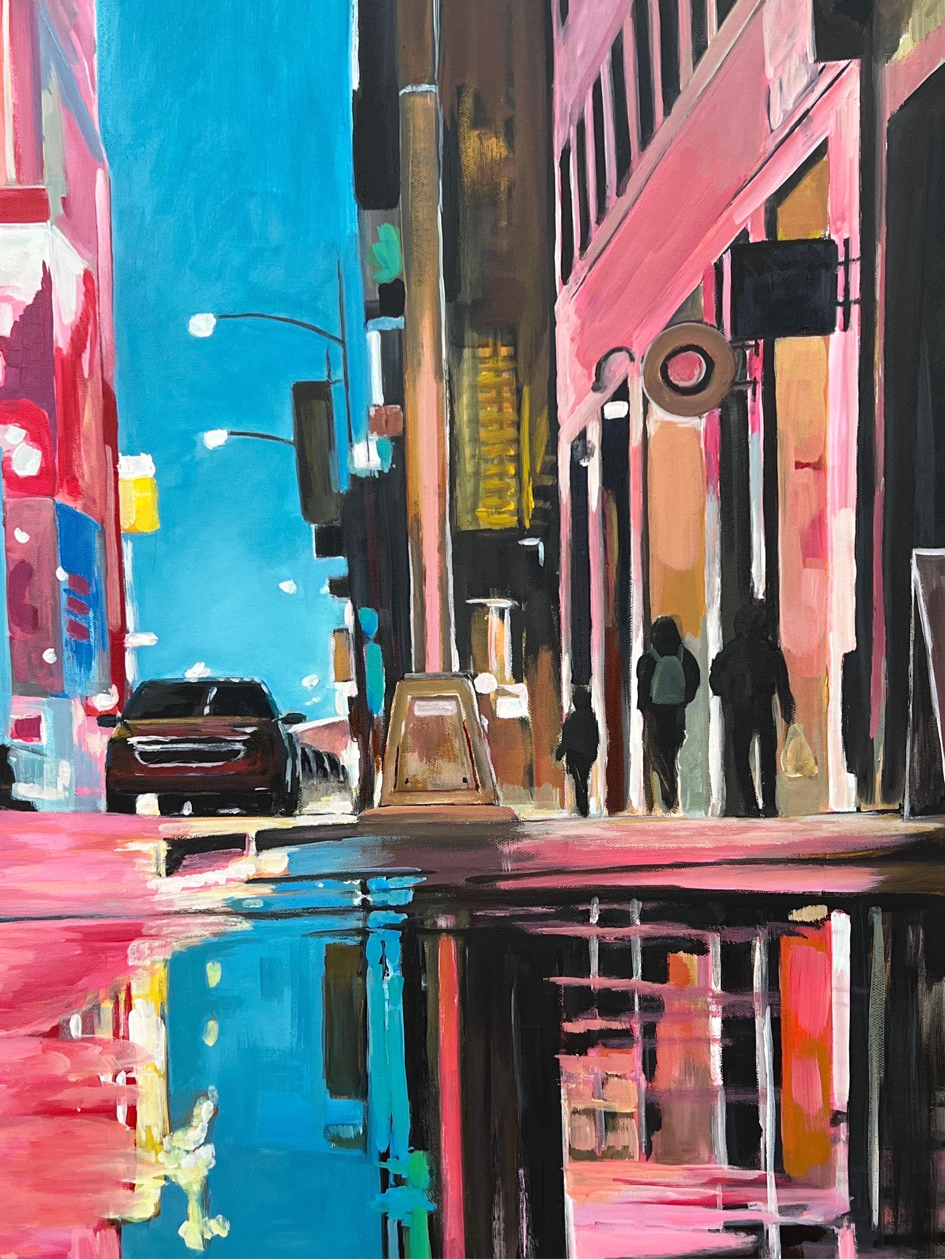 Painting of New York City Street after Rain with Figures, Cars by British Artist For Sale 7