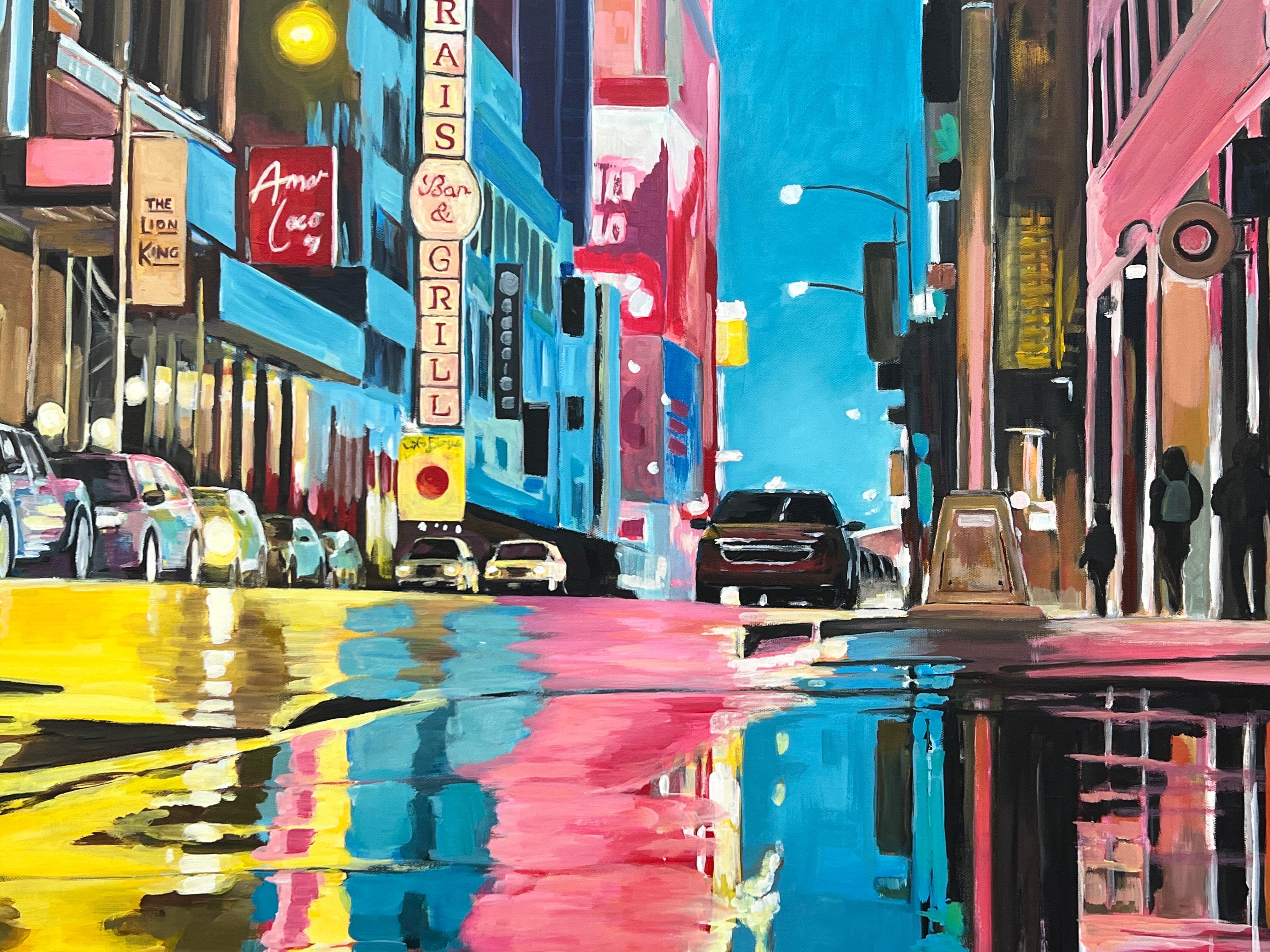 Painting of New York City Street after Rain with Figures, Cars by British Artist For Sale 8