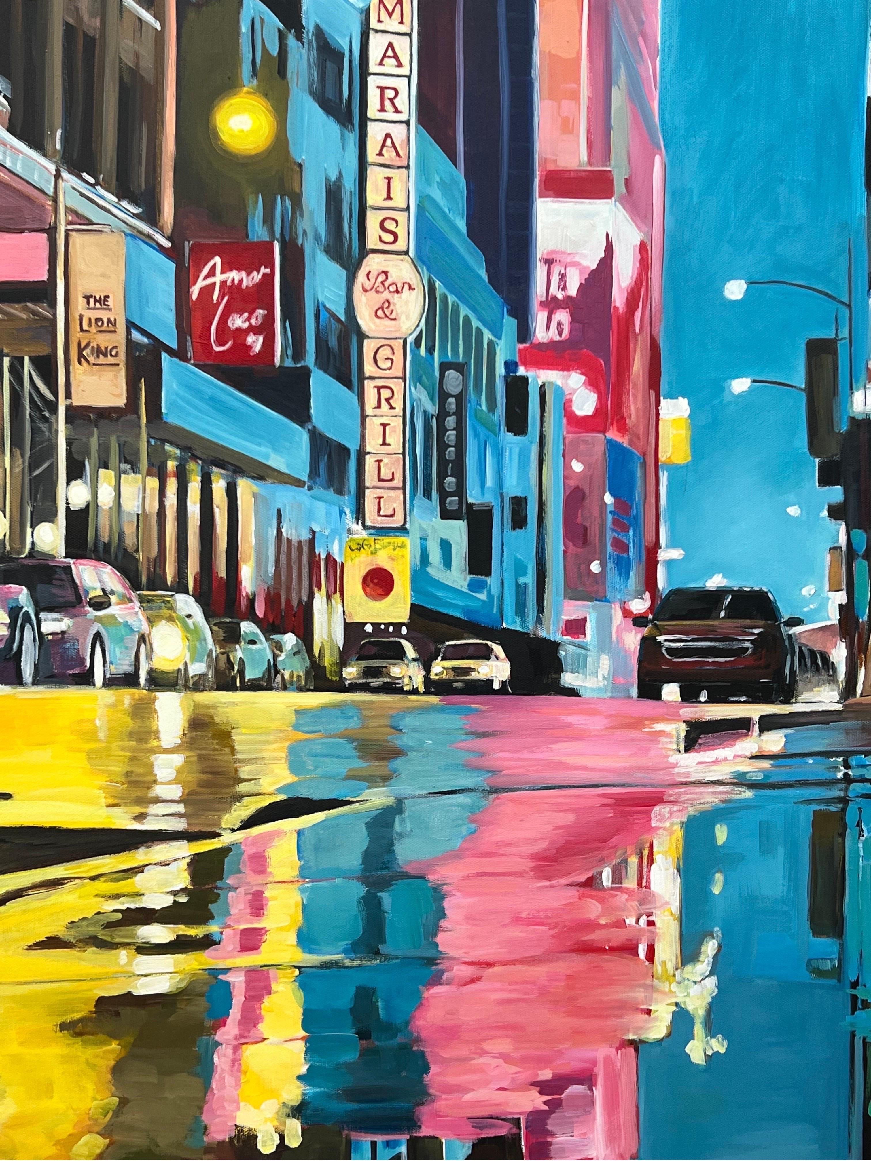 Painting of New York City Street after Rain with Figures, Cars by British Artist For Sale 9