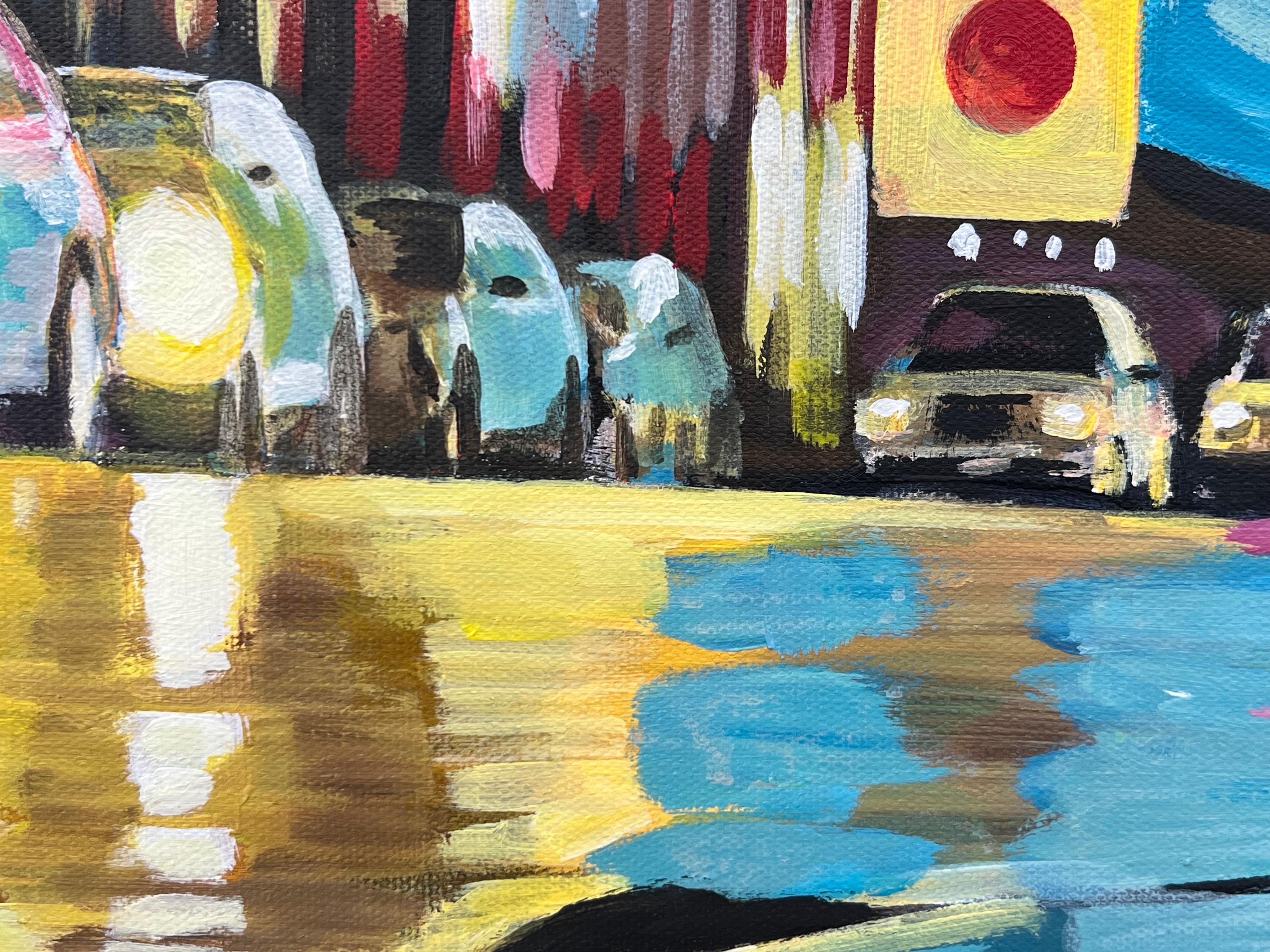 Painting of New York City Street after Rain with Figures, Cars by British Artist For Sale 12