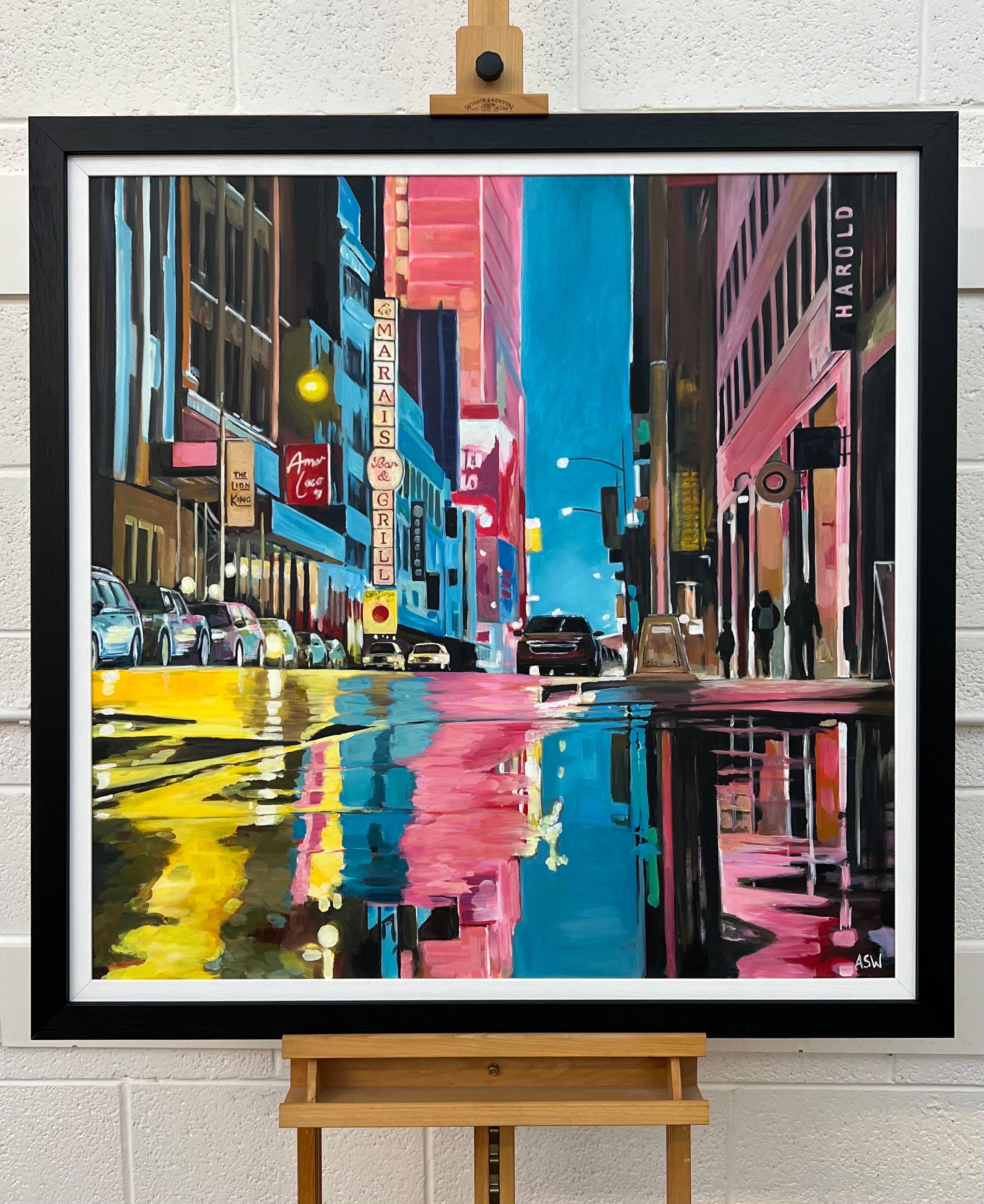 Peinture de la rue de New York d'après la pluie avec des personnages, voitures, d'un artiste britannique - Contemporain Painting par Angela Wakefield