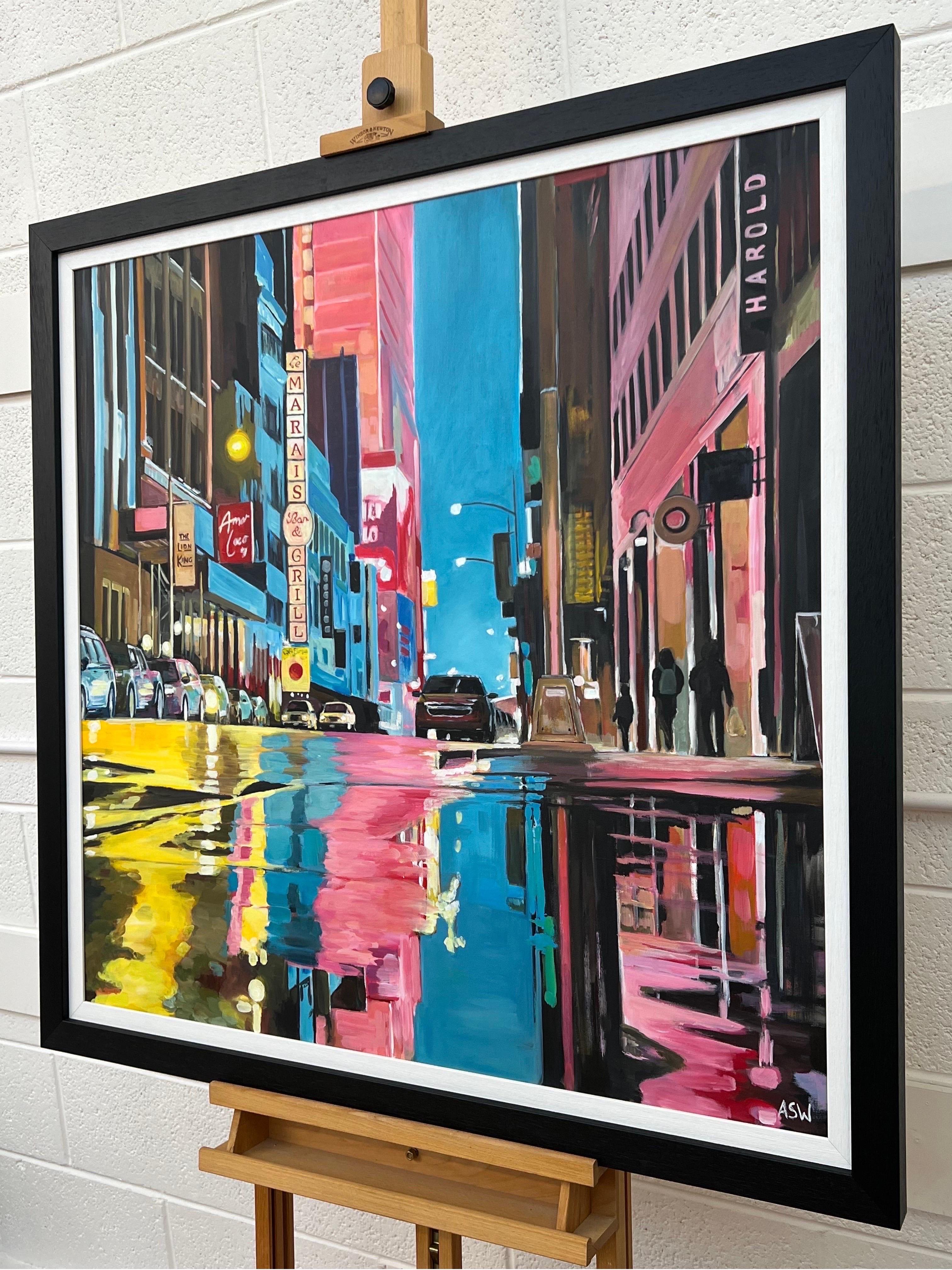 Peinture originale d'une scène contemporaine de la ville de New York après la pluie, avec des voitures et des personnages, réalisée par l'artiste britannique Angela Wakefield. Il s'agit d'une œuvre majeure qui s'inscrit dans la continuité de sa
