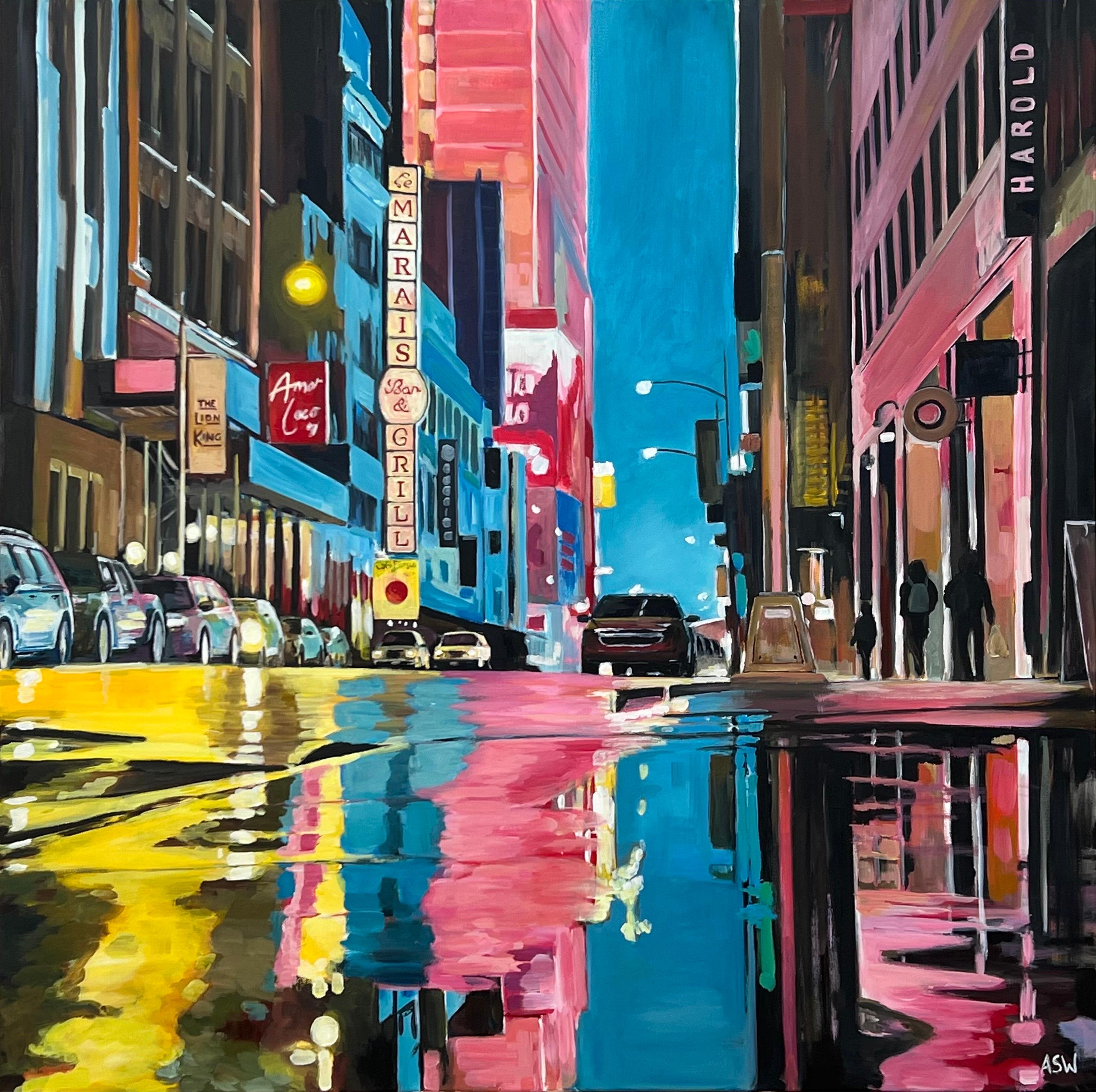 Peinture de la rue de New York d'après la pluie avec des personnages, voitures, d'un artiste britannique en vente 1