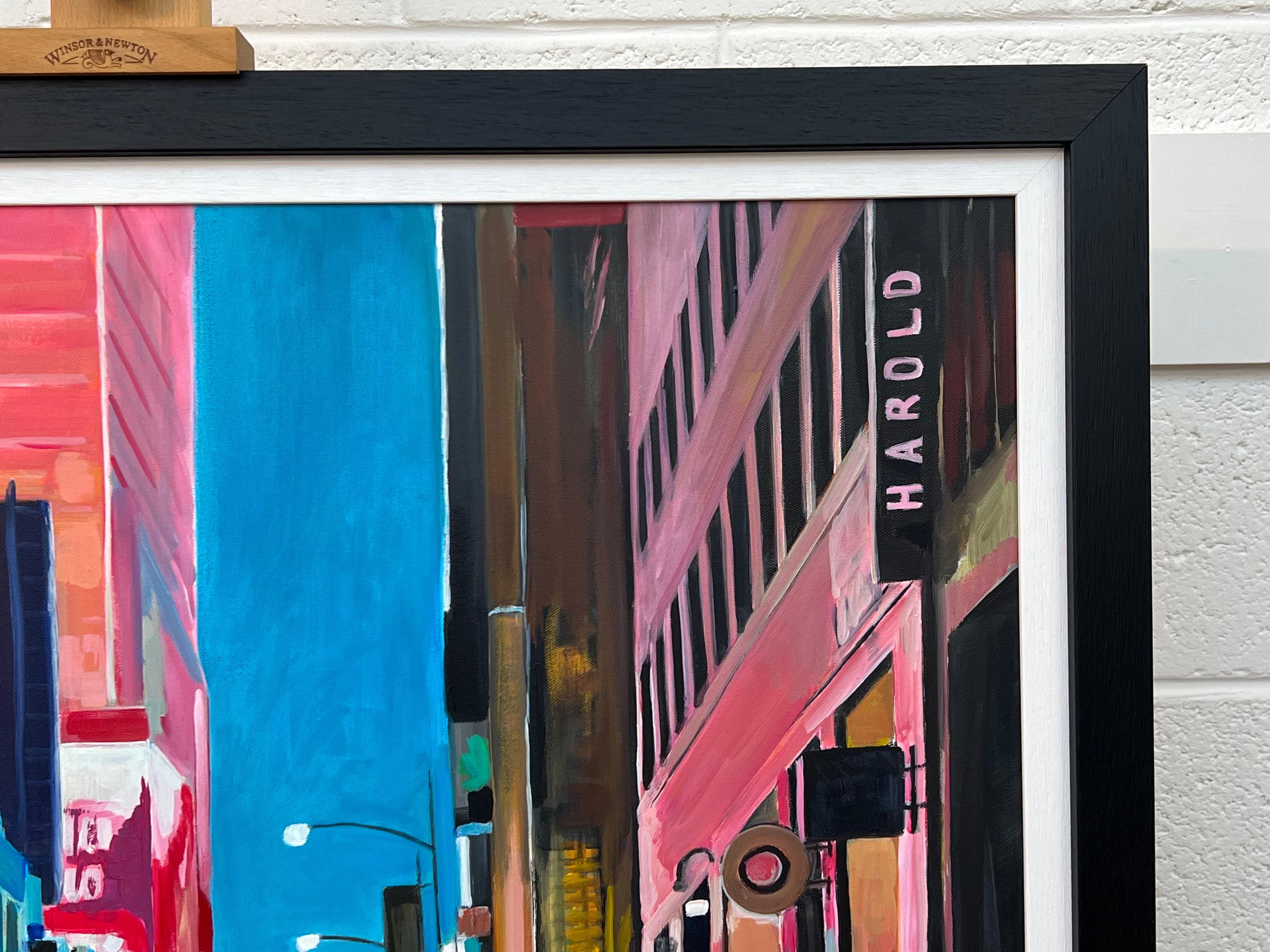 Painting of New York City Street after Rain with Figures, Cars by British Artist For Sale 6