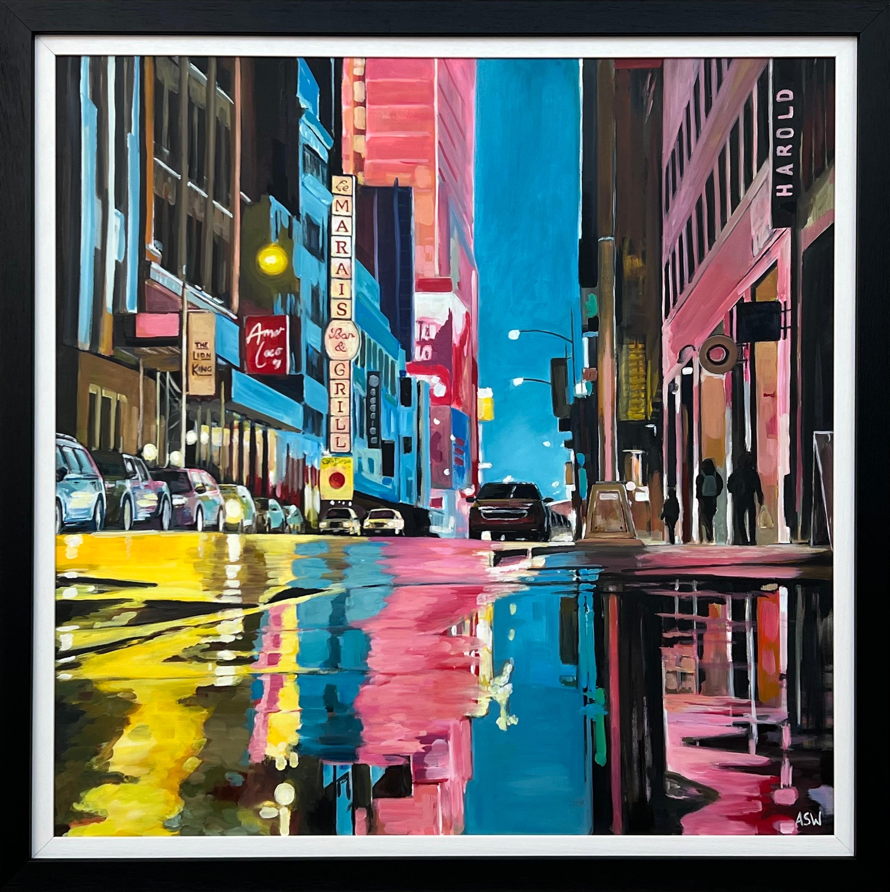 Peinture de la rue de New York d'après la pluie avec des personnages, voitures, d'un artiste britannique