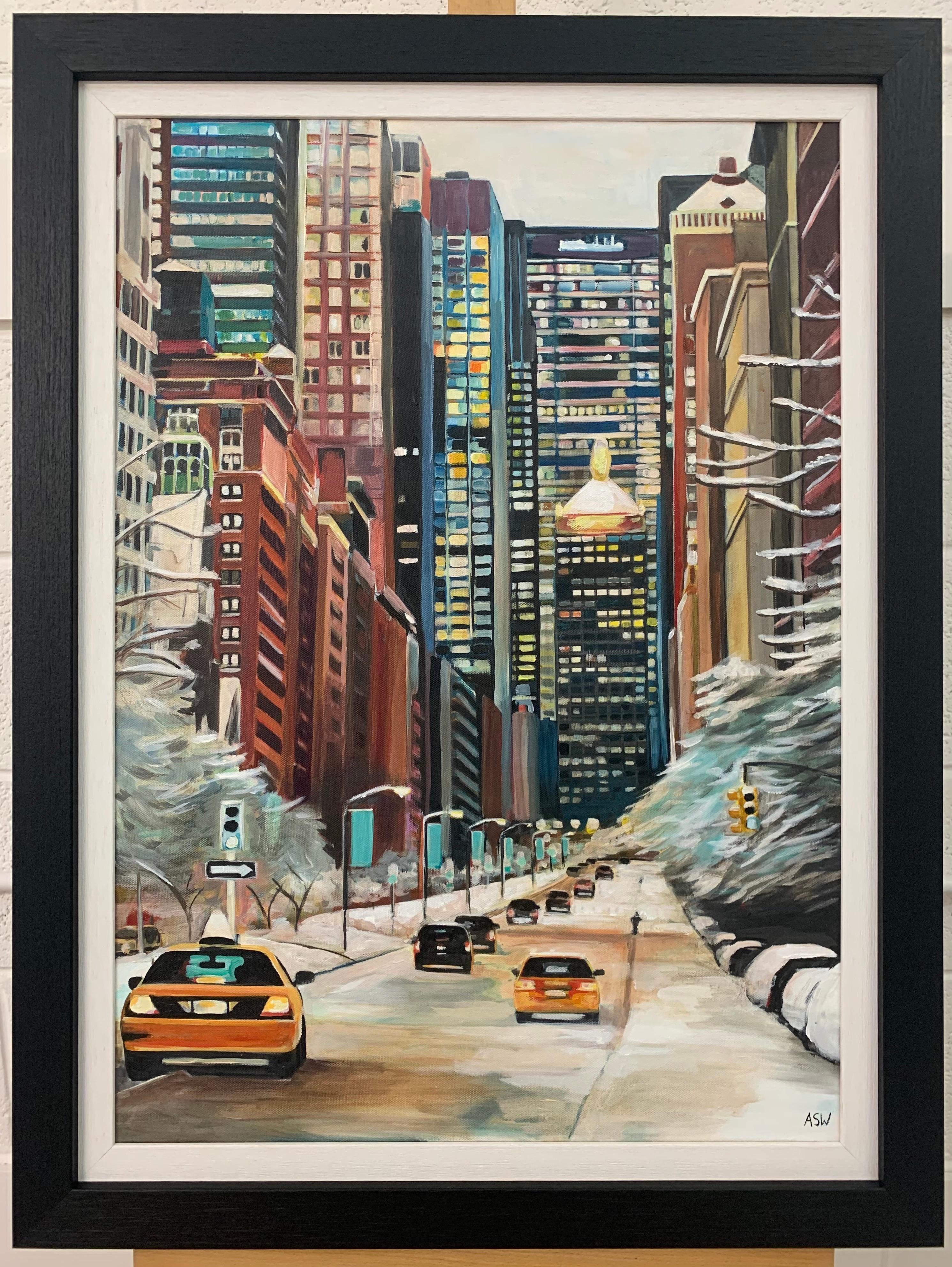 Pintura de taxis neoyorquinos en la nieve invernal por un artista británico contemporáneo en venta 11