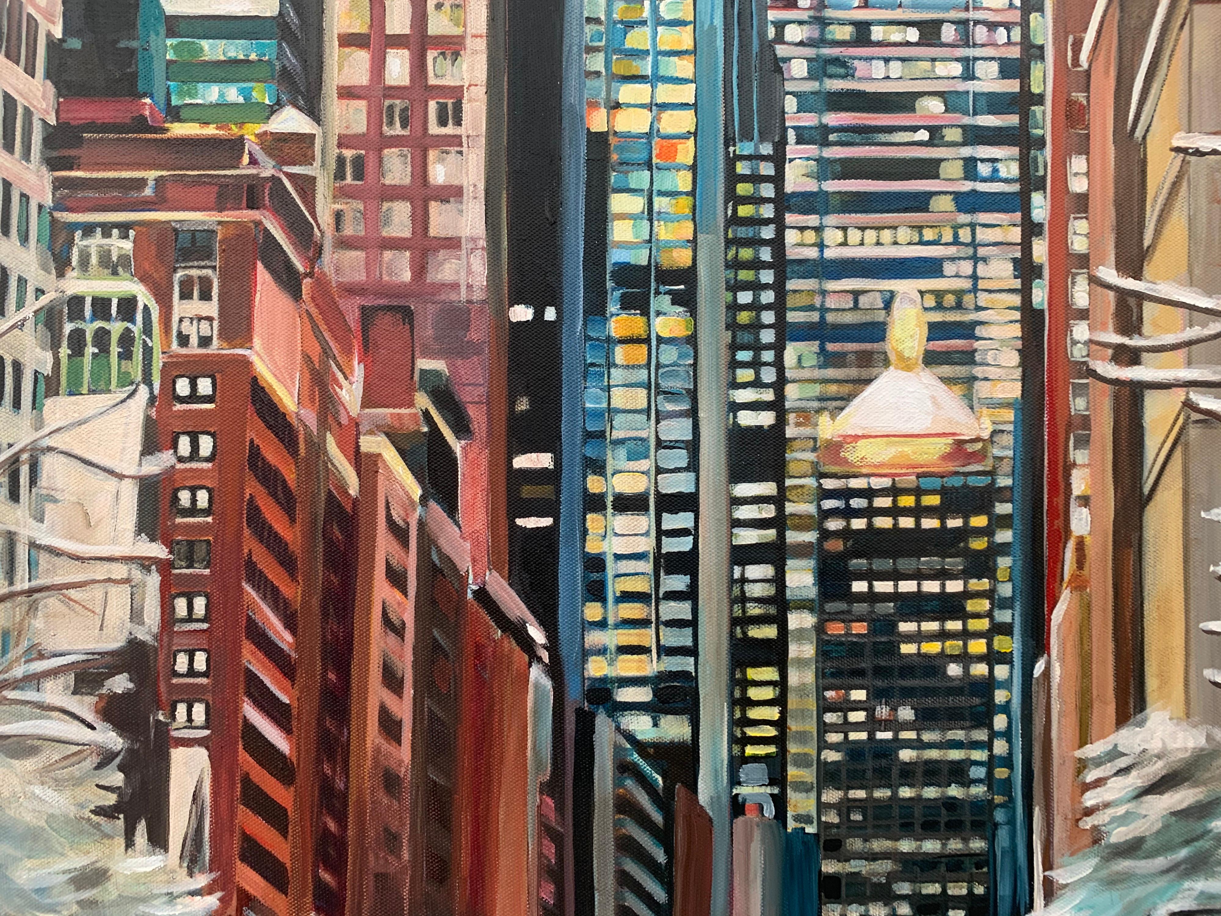 Pintura de taxis neoyorquinos en la nieve invernal por un artista británico contemporáneo en venta 5
