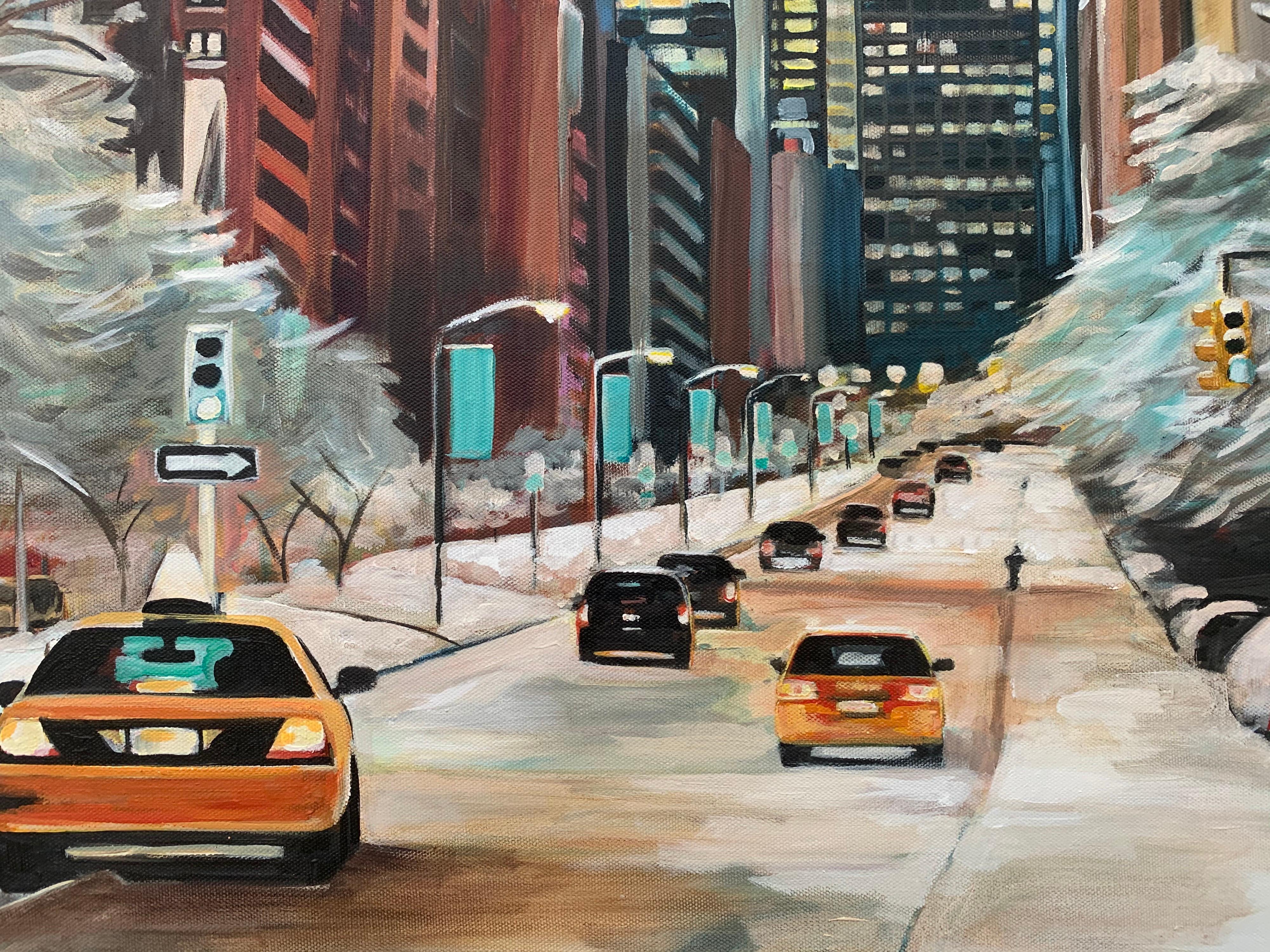 Painting of New York City Taxis in Winter Snow by Contemporary British Artist For Sale 5