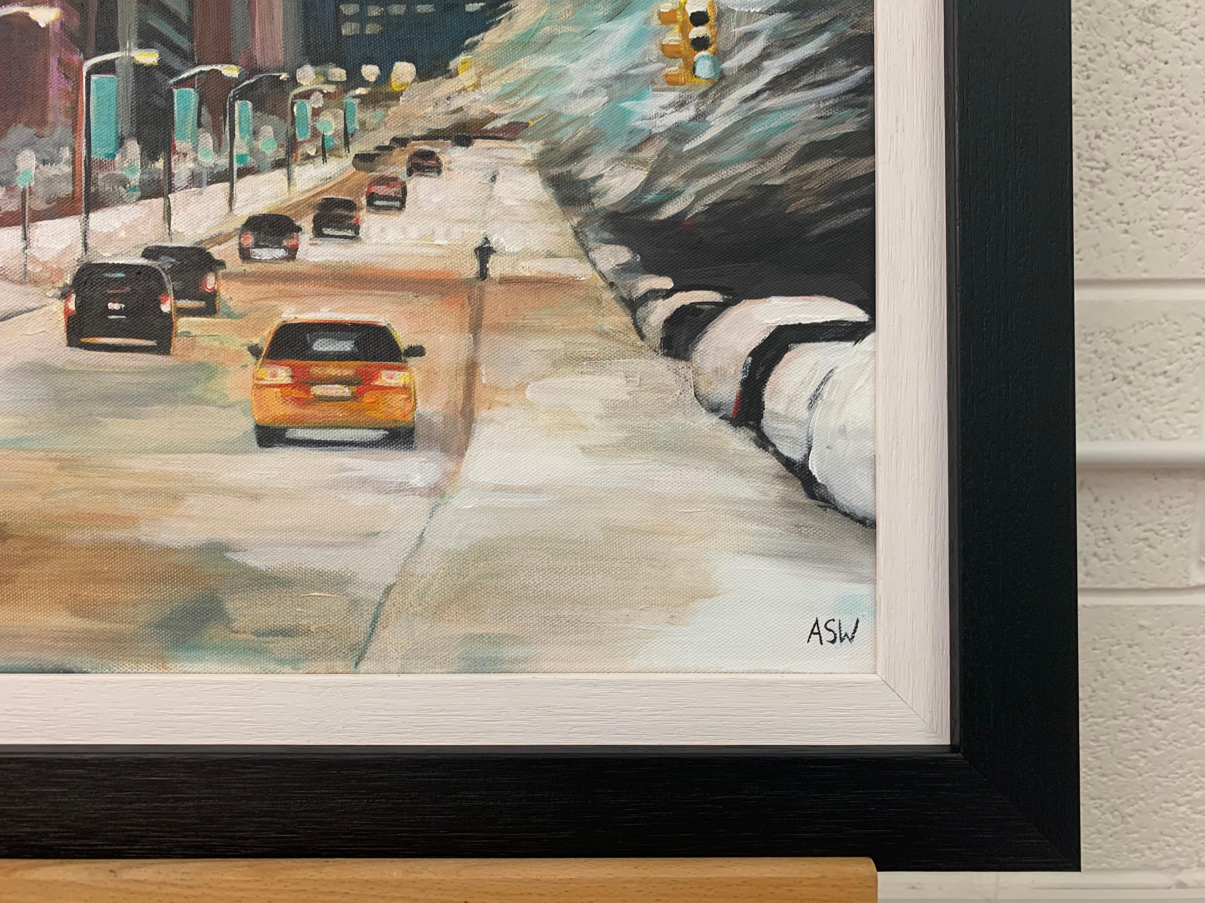 Painting of New York City Taxis in Winter Snow by Contemporary British Artist Urban Landscape Artist, Angela Wakefield

Art measures 20 x 30 inches
Frame measures 25 x 35 inches

Angela Wakefield has twice been on the front cover of ‘Art of England’