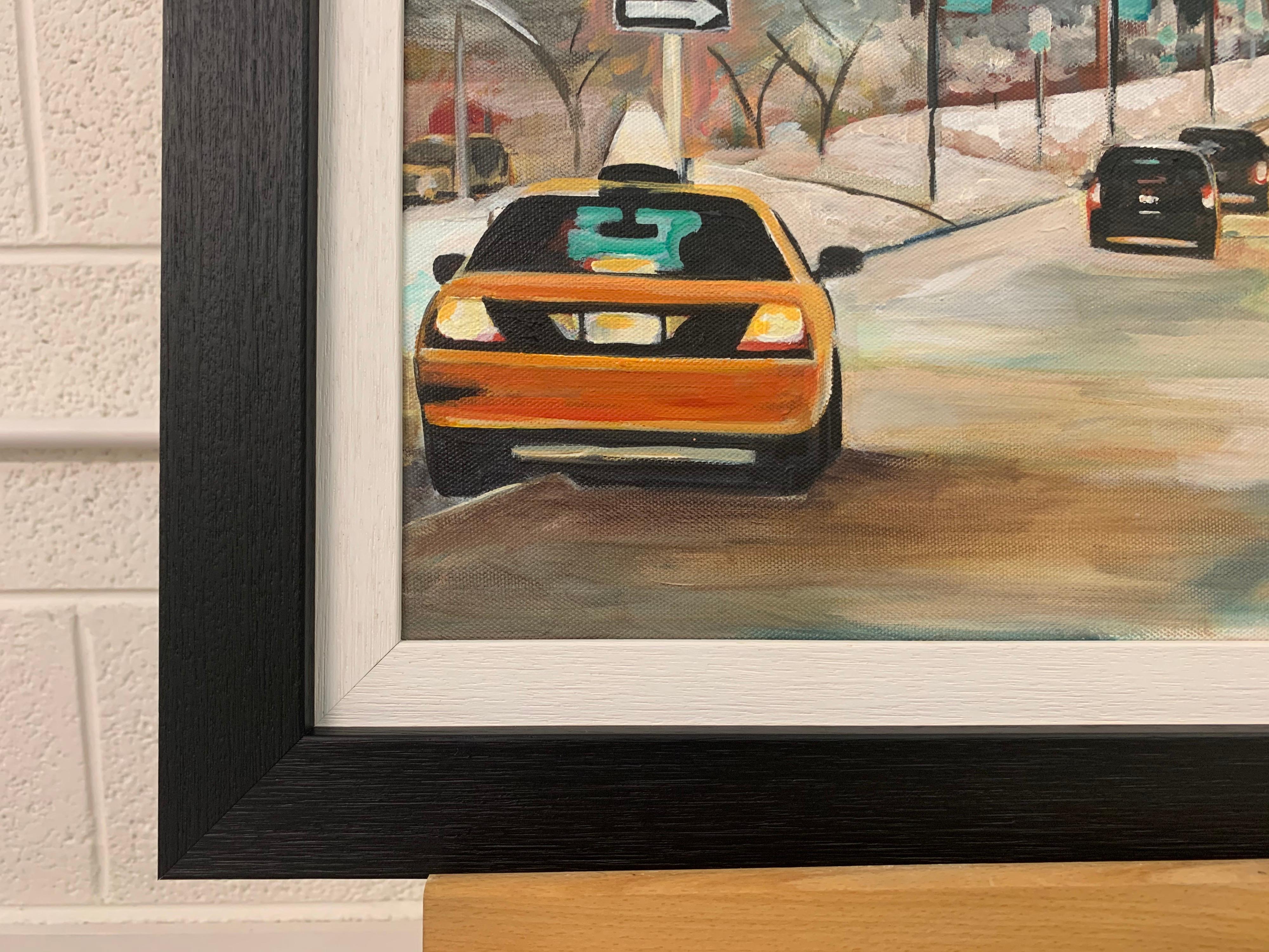 Painting of New York City Taxis in Winter Snow by Contemporary British Artist For Sale 1