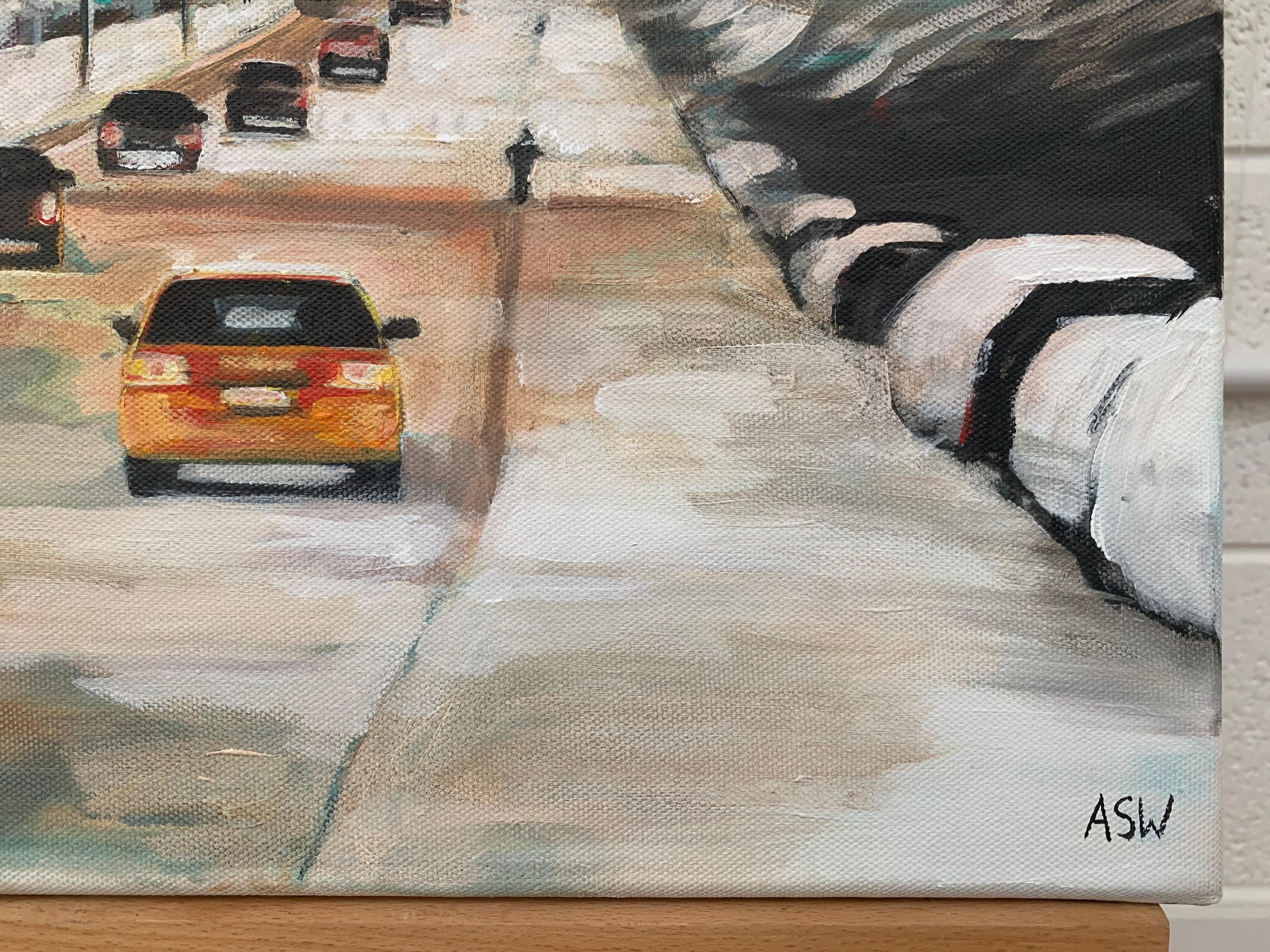 Painting of New York City Taxis in Winter Snow by Contemporary British Artist For Sale 7