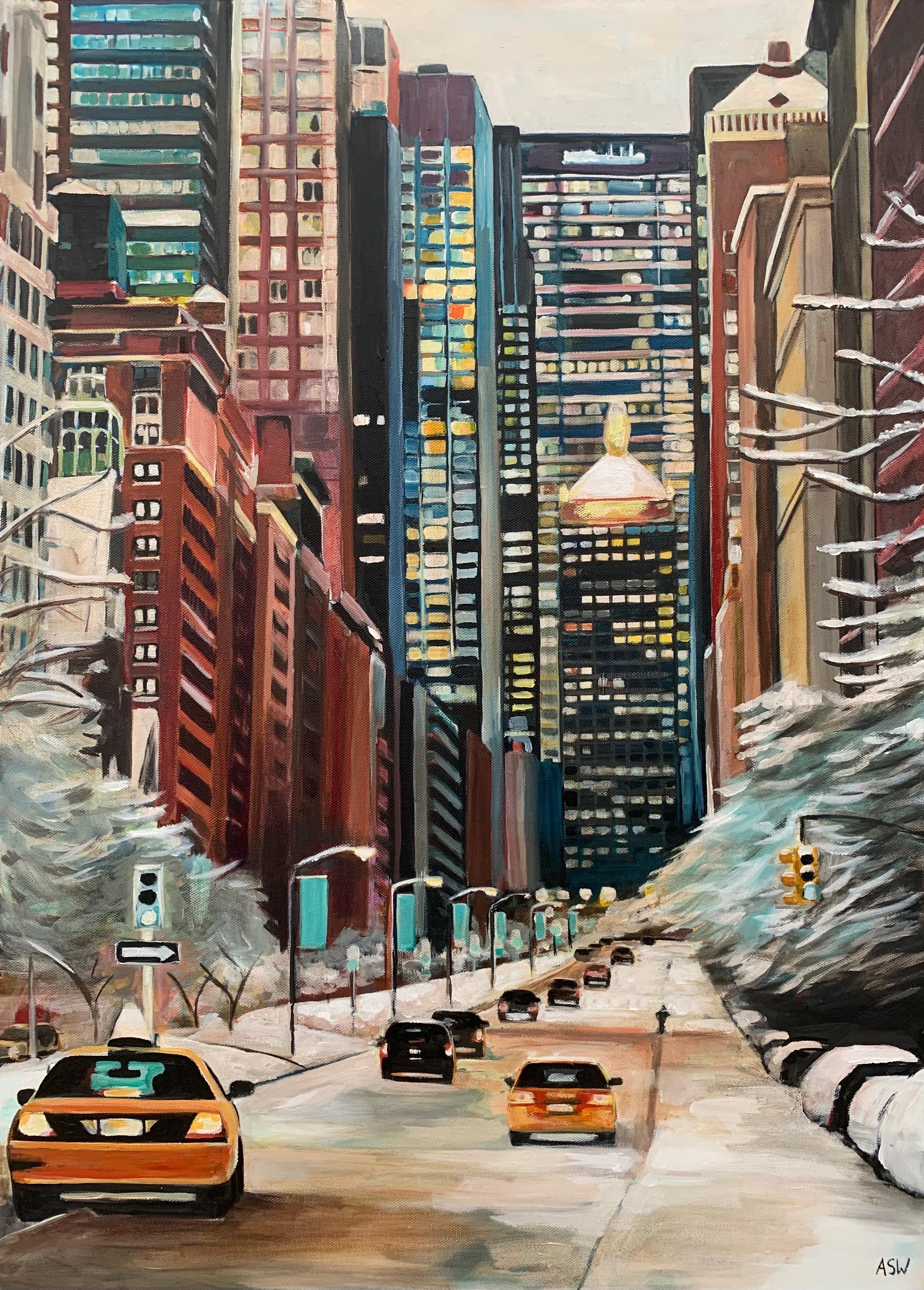 Painting of New York City Taxis in Winter Snow by Contemporary British Artist - Brown Landscape Painting by Angela Wakefield