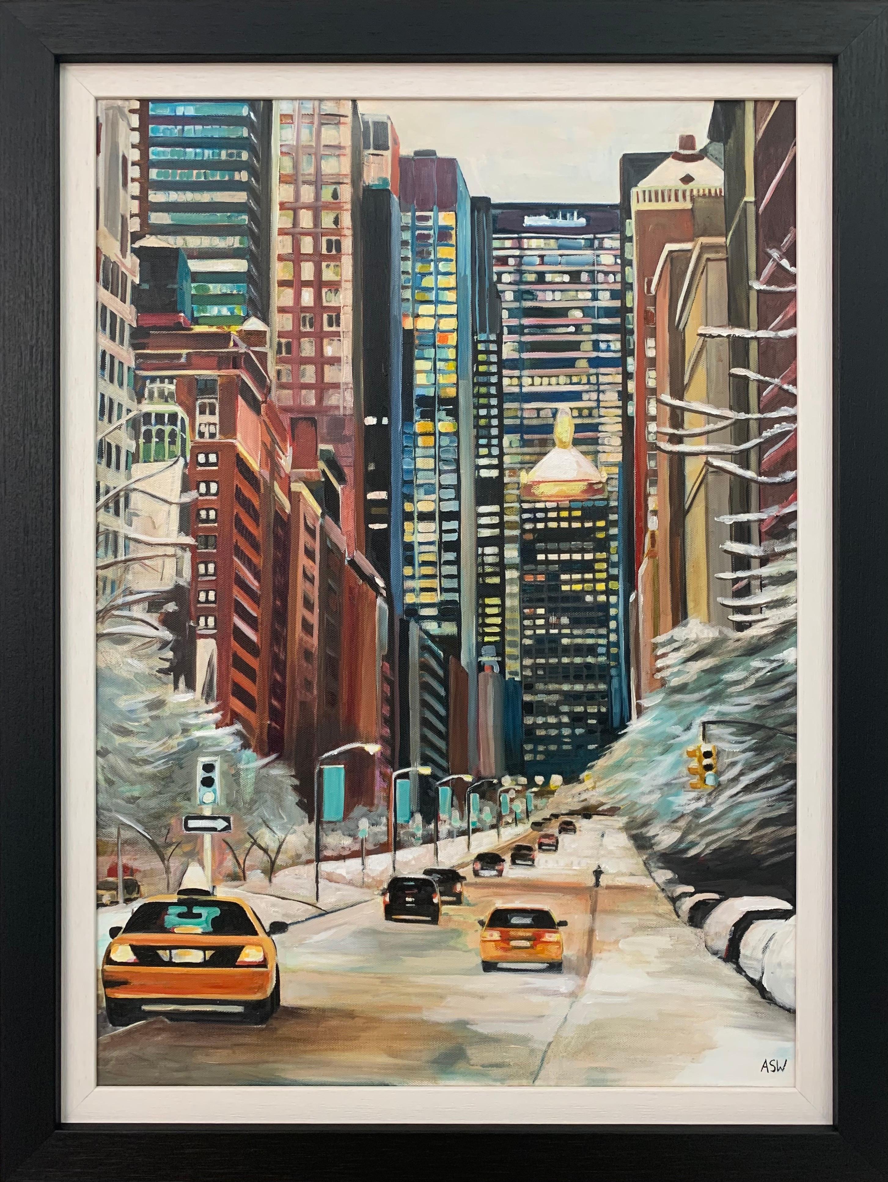 Landscape Painting de Angela Wakefield - Pintura de taxis neoyorquinos en la nieve invernal por un artista británico contemporáneo